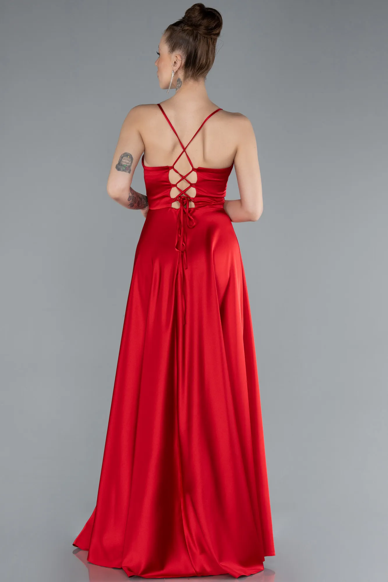 Red-Strappy Long Satin Prom Dress ABU4684