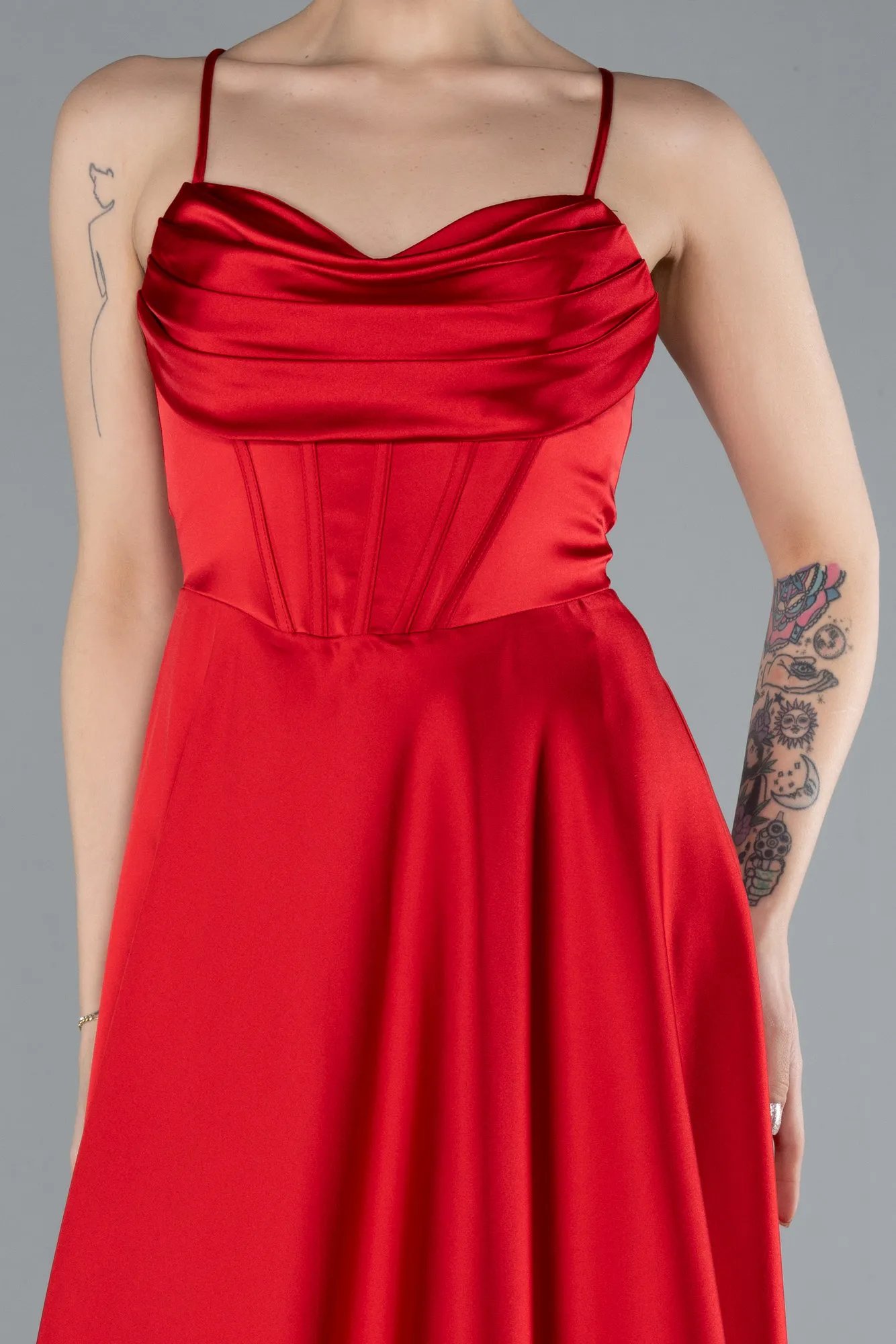 Red-Strappy Long Satin Prom Dress ABU4684
