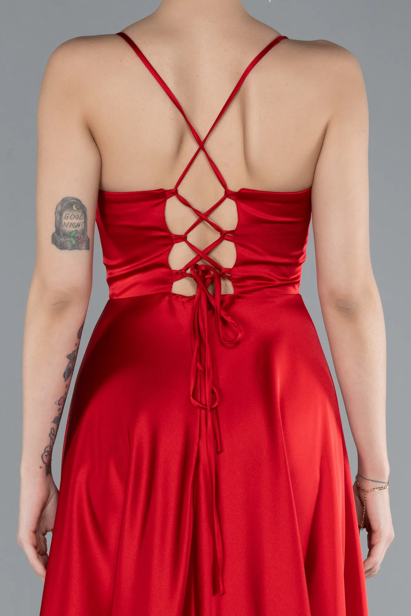 Red-Strappy Long Satin Prom Dress ABU4684