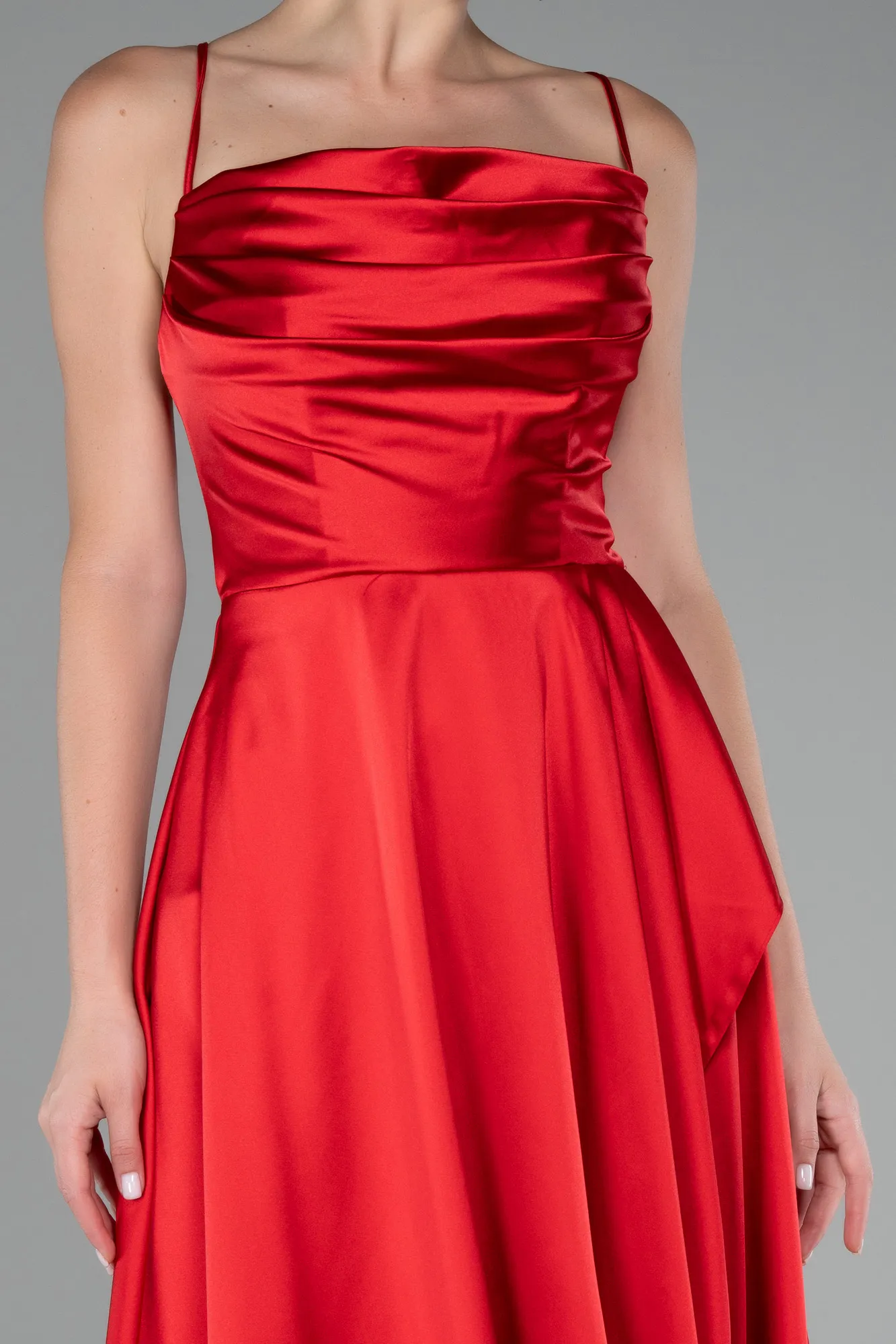 Red-Strappy Long Satin Prom Gown ABU4073