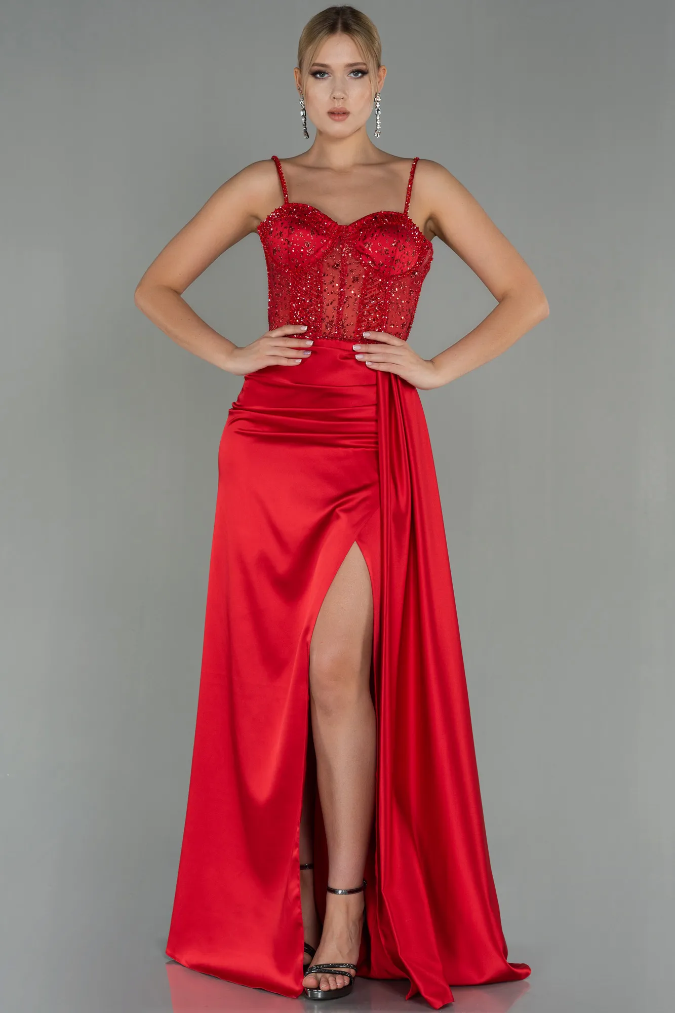 Red-Transparent Slit Long Satin Evening Gown ABU3030