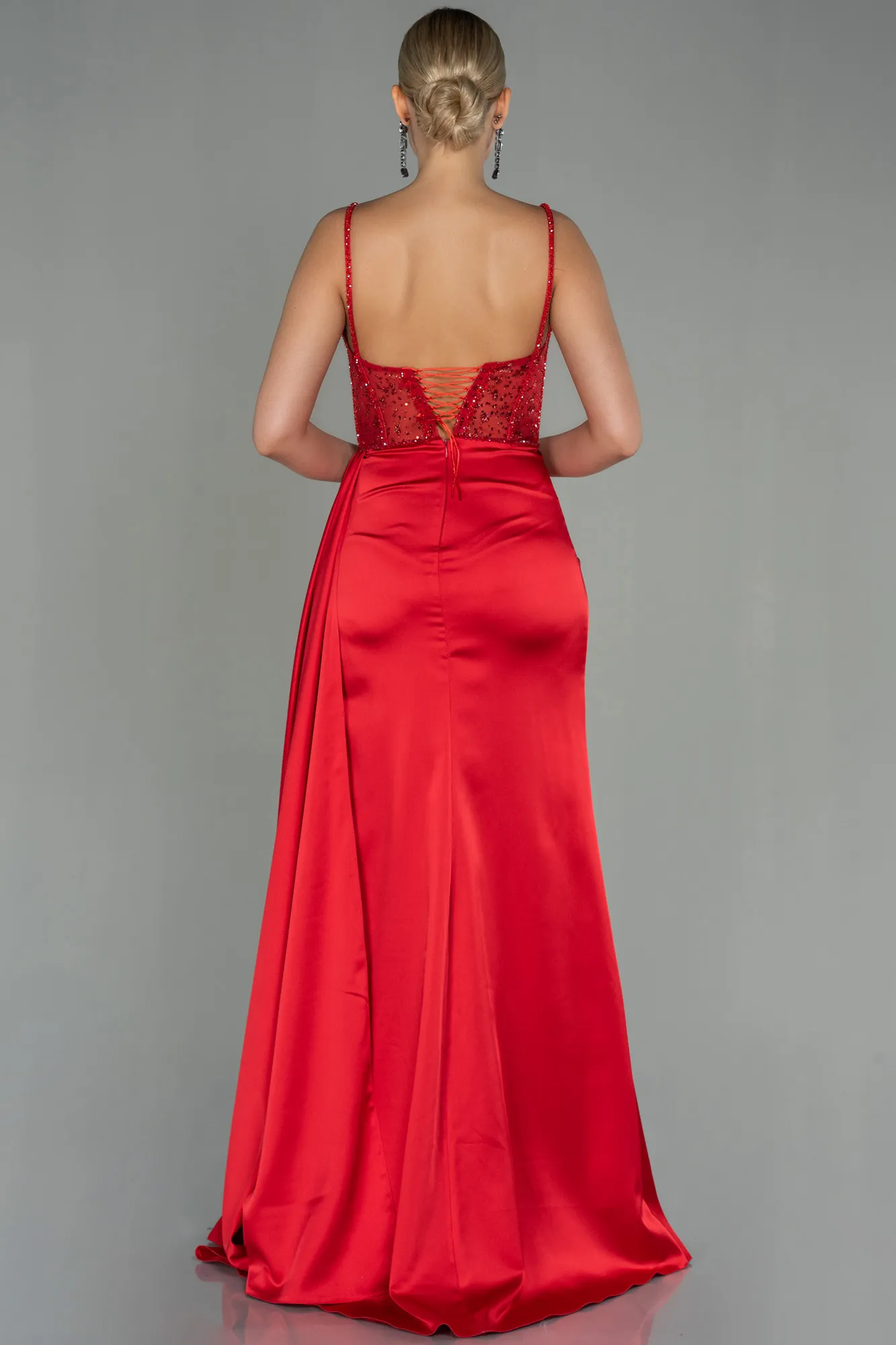 Red-Transparent Slit Long Satin Evening Gown ABU3030