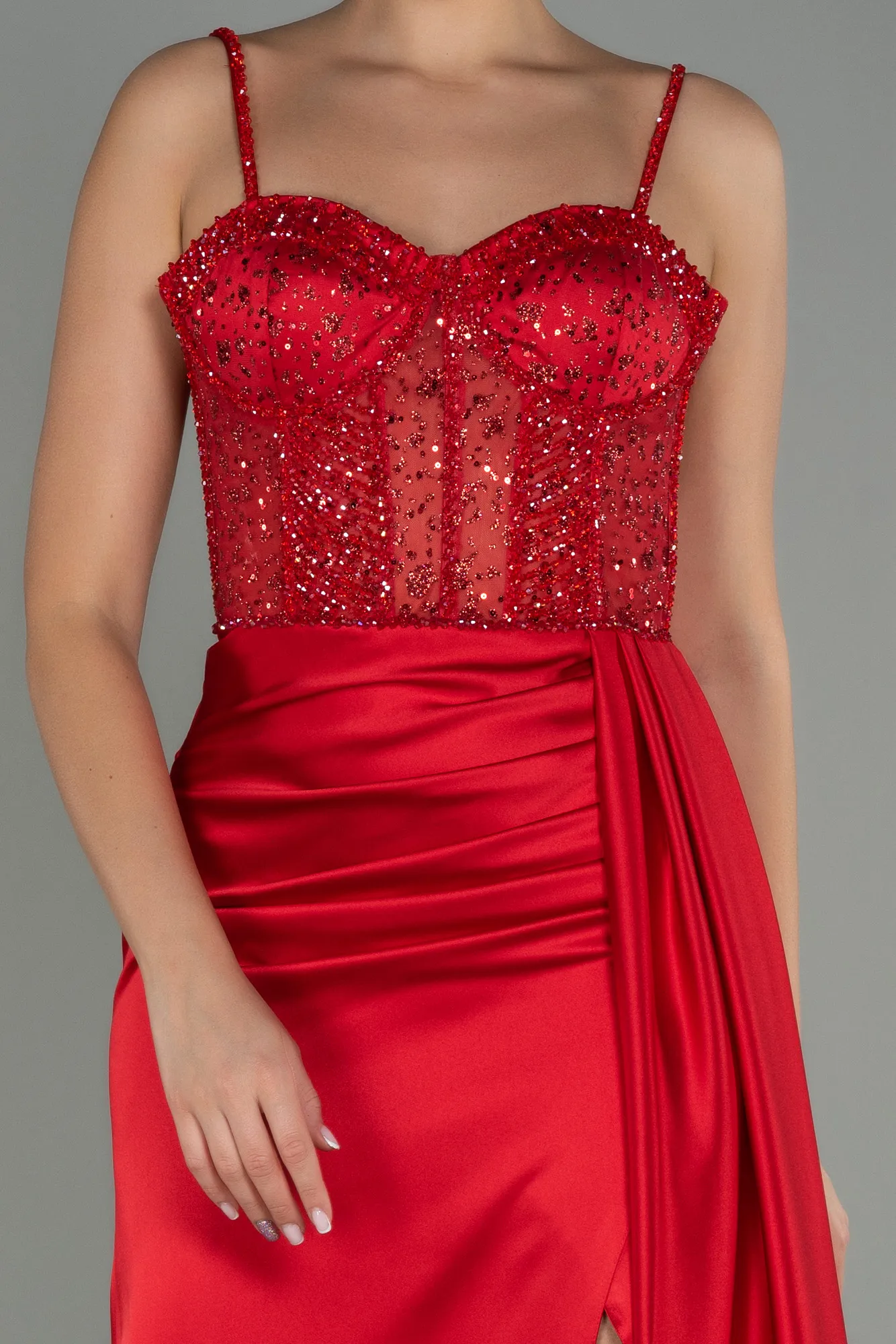 Red-Transparent Slit Long Satin Evening Gown ABU3030
