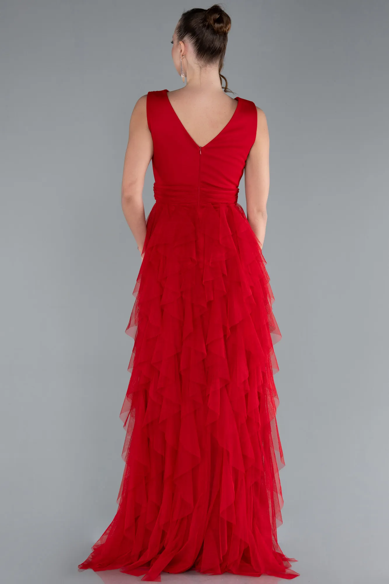 Red-V Neck Layered Tulle Long Prom Dress ABU4723