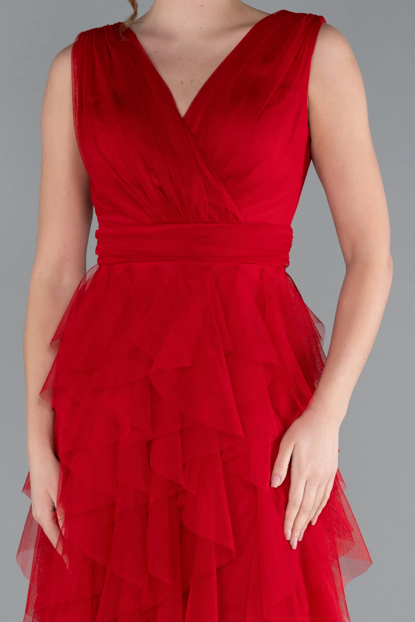 Red-V Neck Layered Tulle Long Prom Dress ABU4723