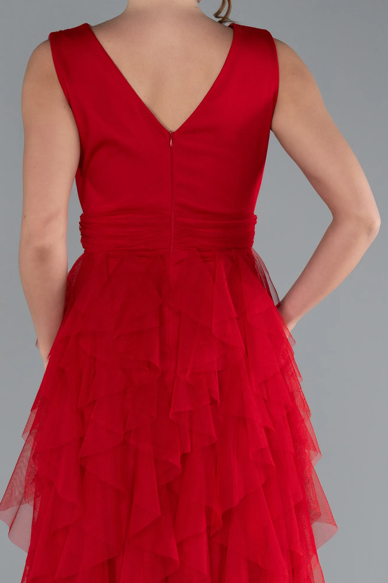 Red-V Neck Layered Tulle Long Prom Dress ABU4723
