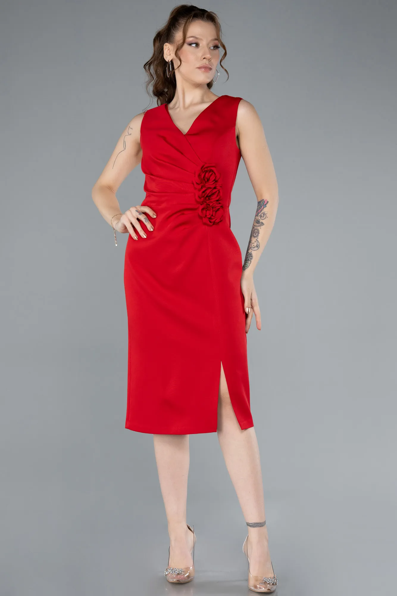 Red-V Neck Midi Cocktail Dress ABK2264