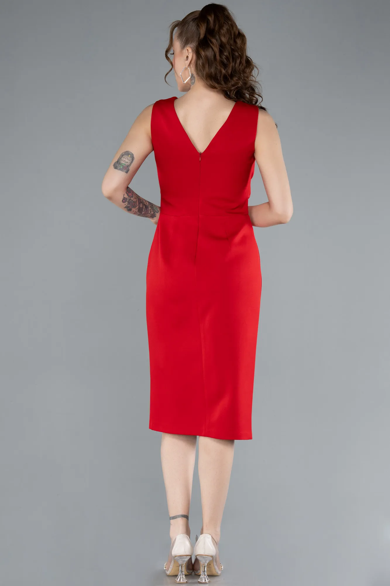 Red-V Neck Midi Cocktail Dress ABK2264