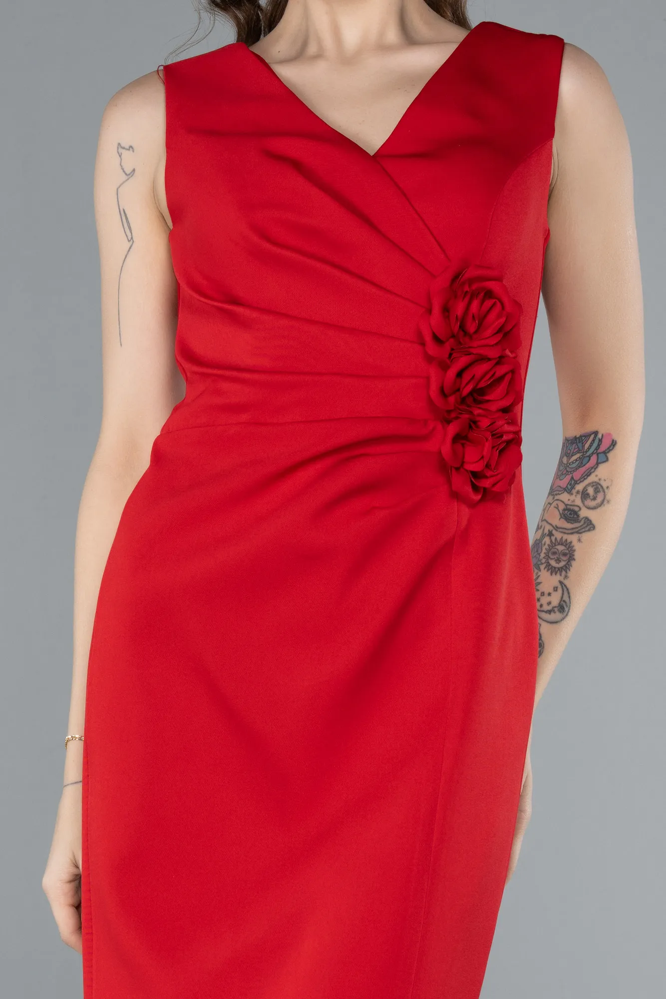 Red-V Neck Midi Cocktail Dress ABK2264
