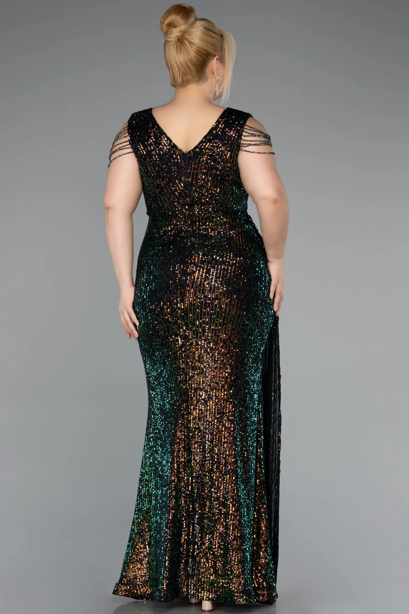 Rinser-V Neck Long Sequined Slit Plus Size Evening Dress ABU4886