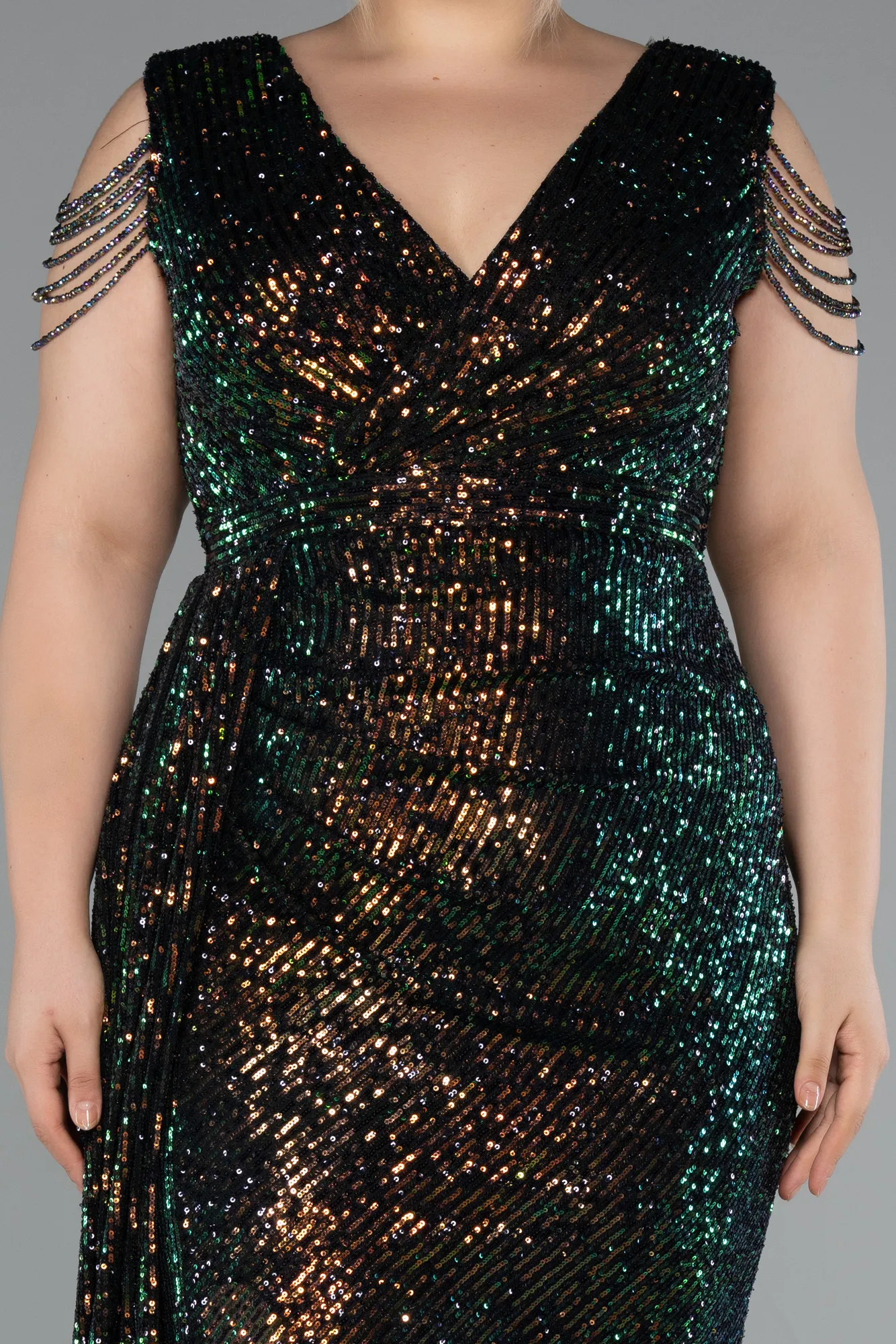 Rinser-V Neck Long Sequined Slit Plus Size Evening Dress ABU4886