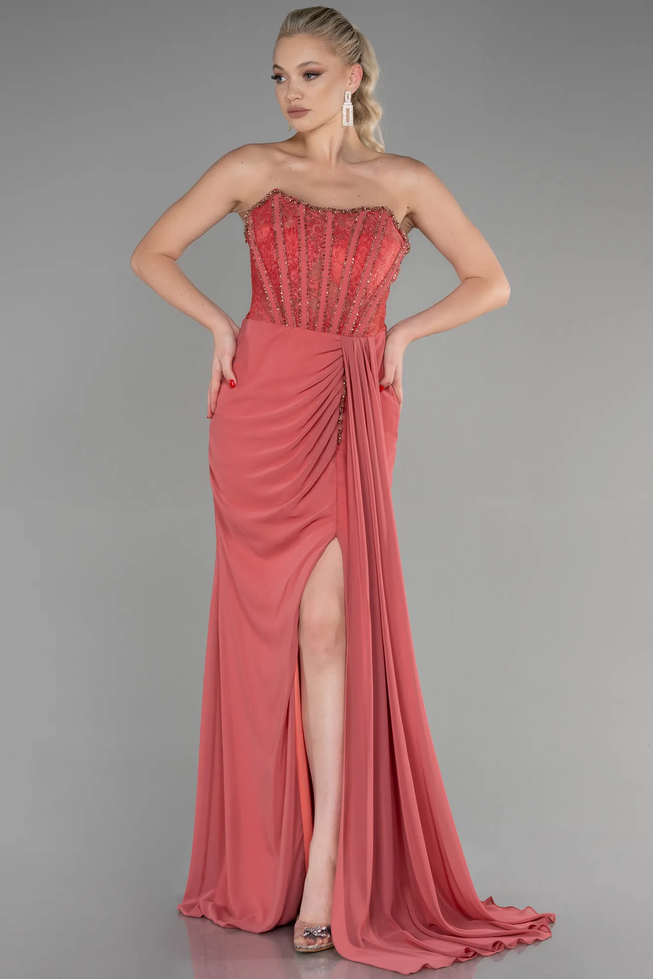 Rose Colored-Long Chiffon Evening Dress ABU3333