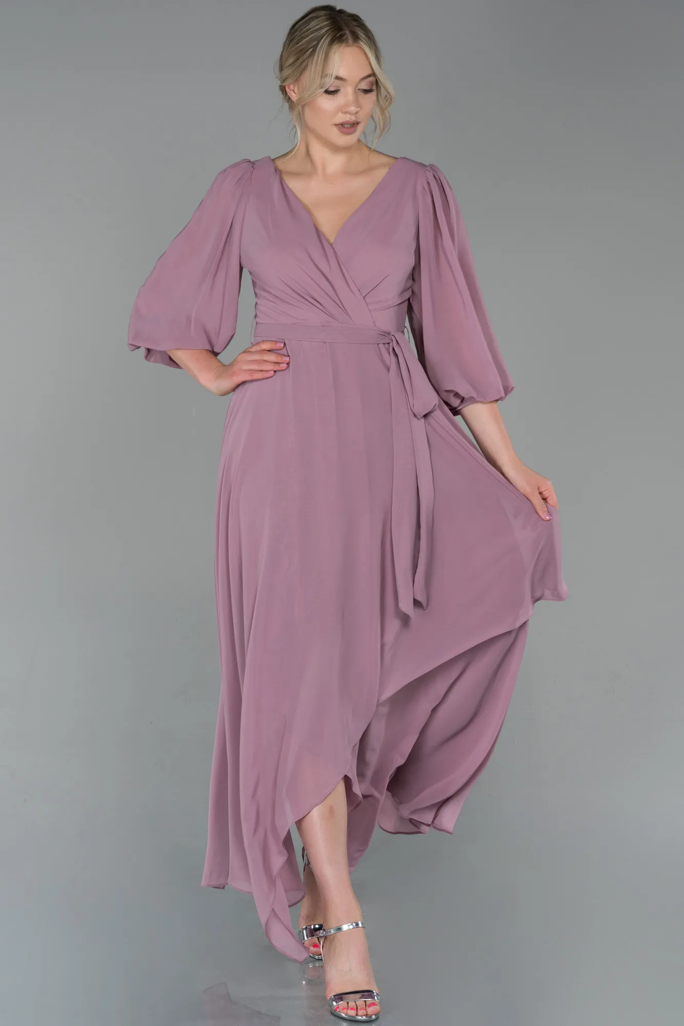 Rose Colored-Long Chiffon Invitation Dress ABU1729