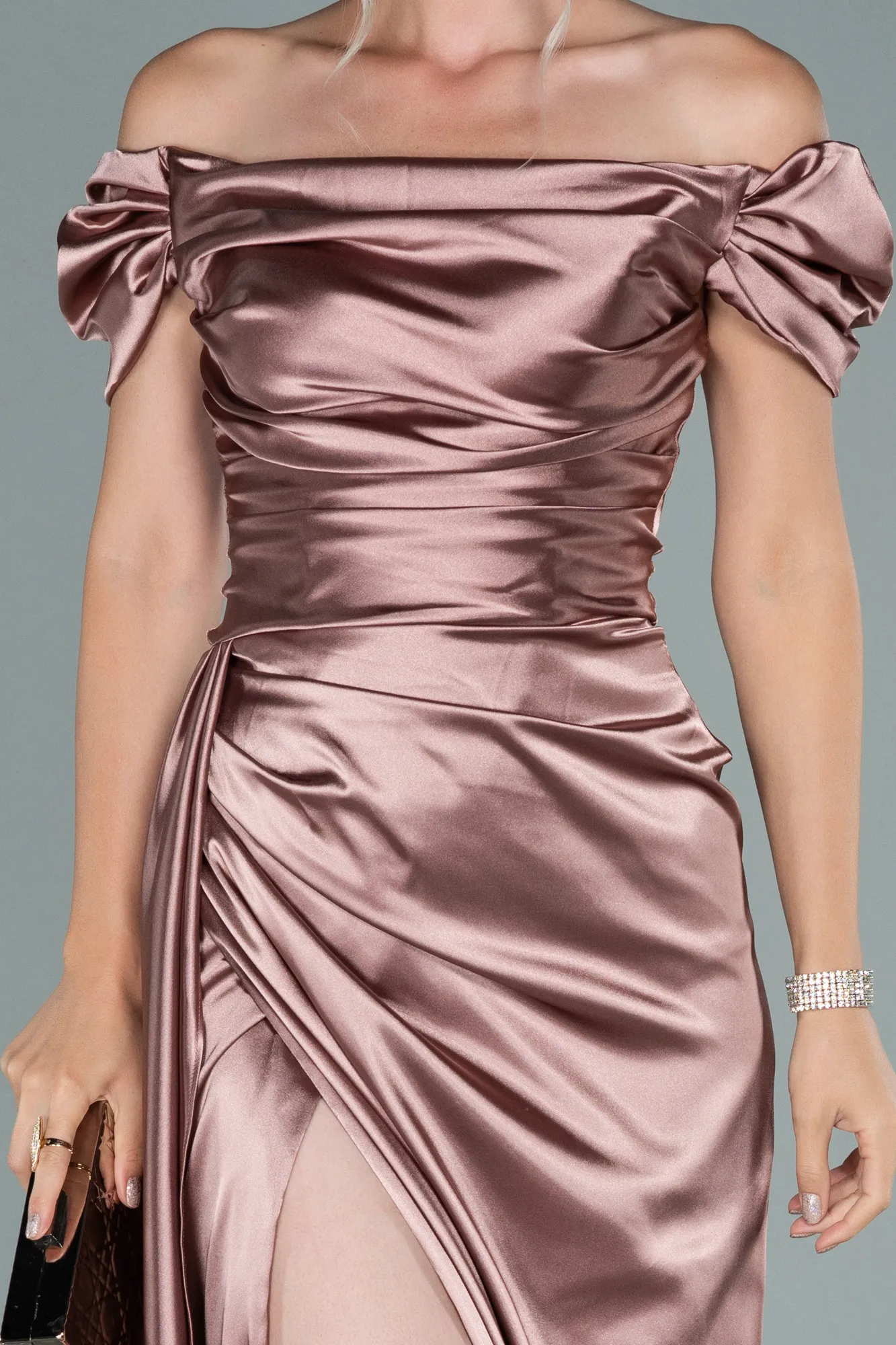 Rose Colored-Long Satin Engagement Dress ABU1606