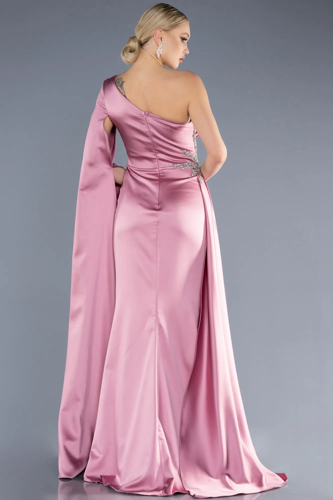 Rose Colored-Long Satin Evening Dress ABU3545