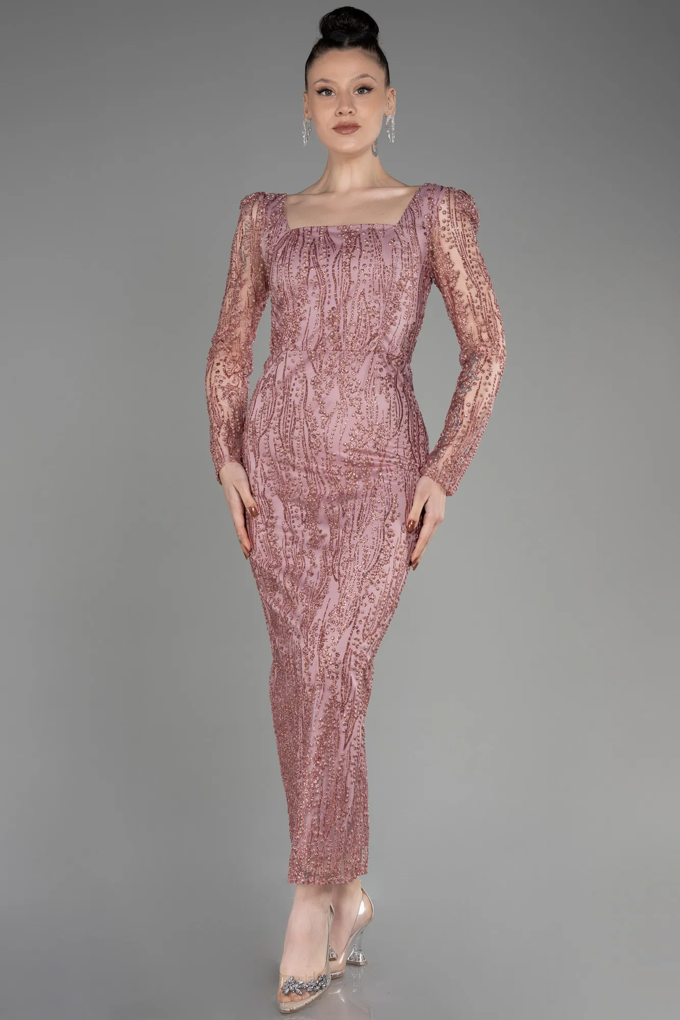 Rose Colored-Long Sleeve Midi Cocktail Dress ABK2025