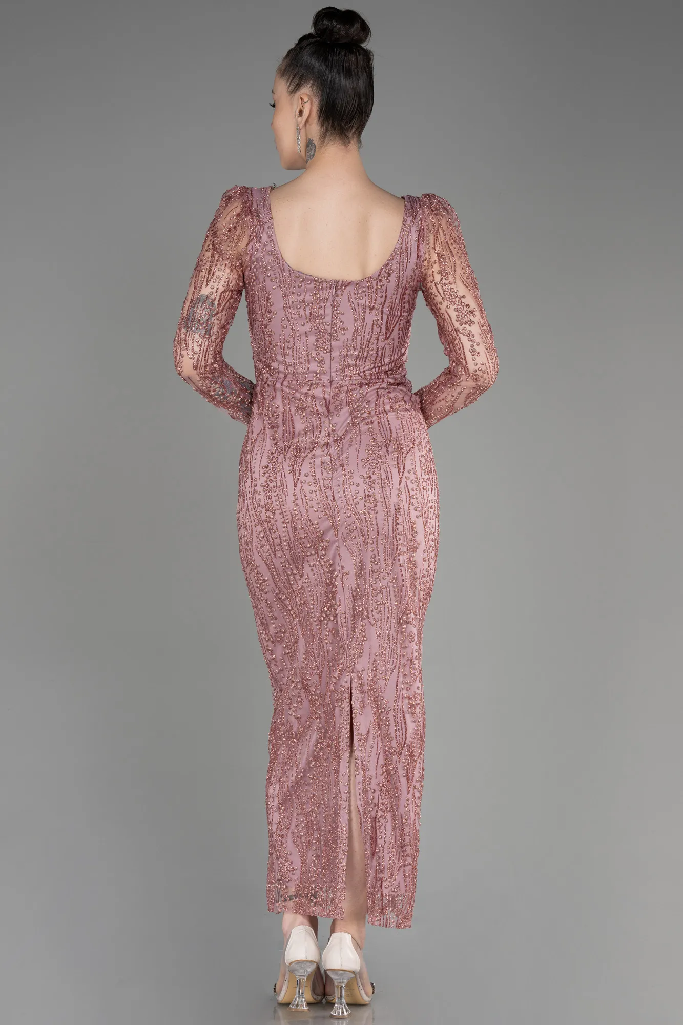 Rose Colored-Long Sleeve Midi Cocktail Dress ABK2025