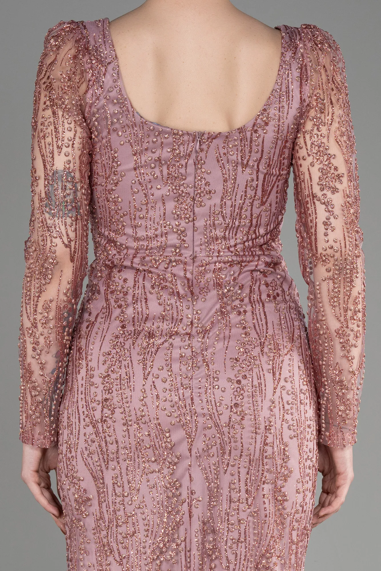 Rose Colored-Long Sleeve Midi Cocktail Dress ABK2025