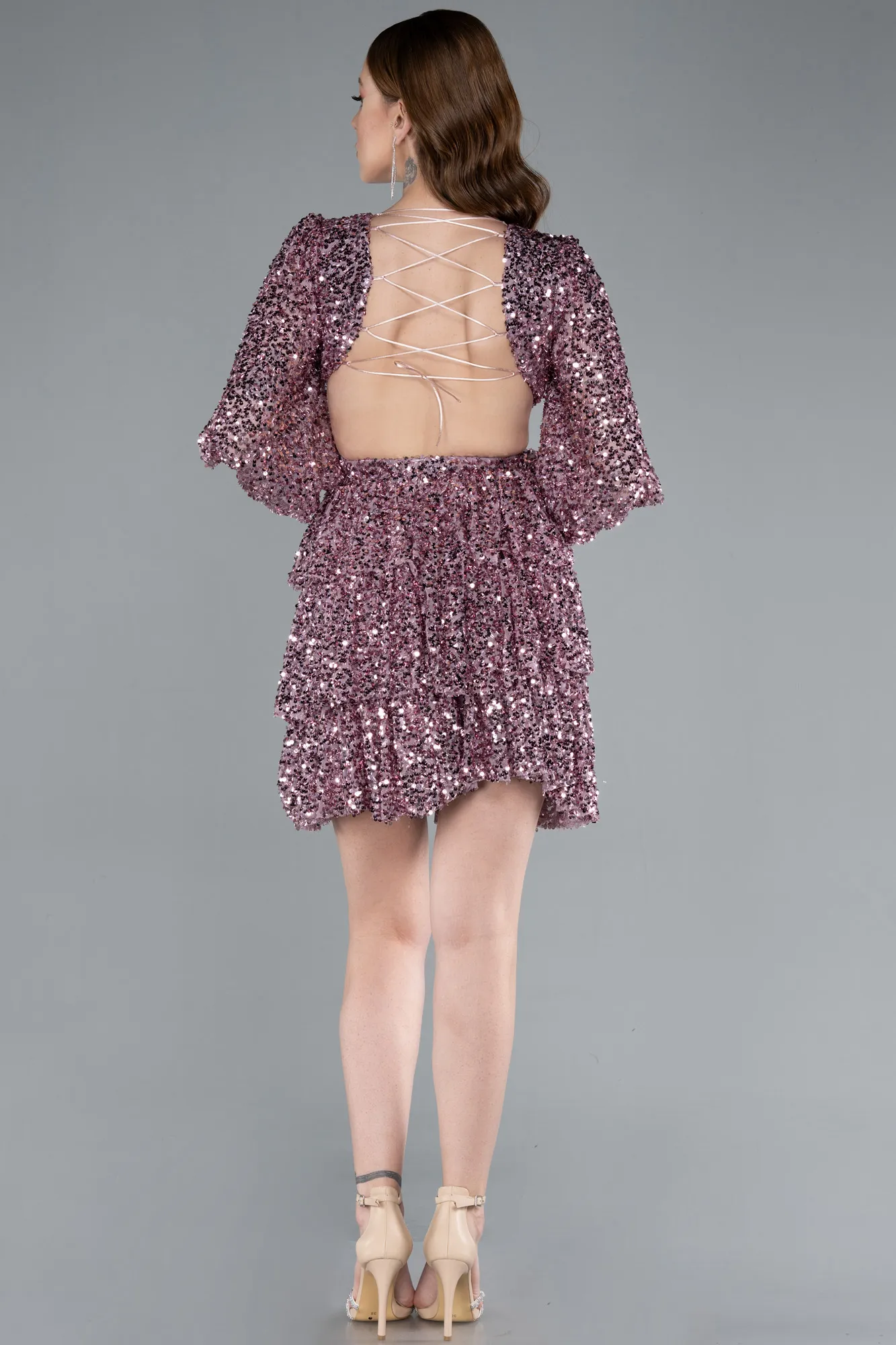 Rose Colored-Long Sleeve V Neck Sequined Short Evening Dress ABK2282