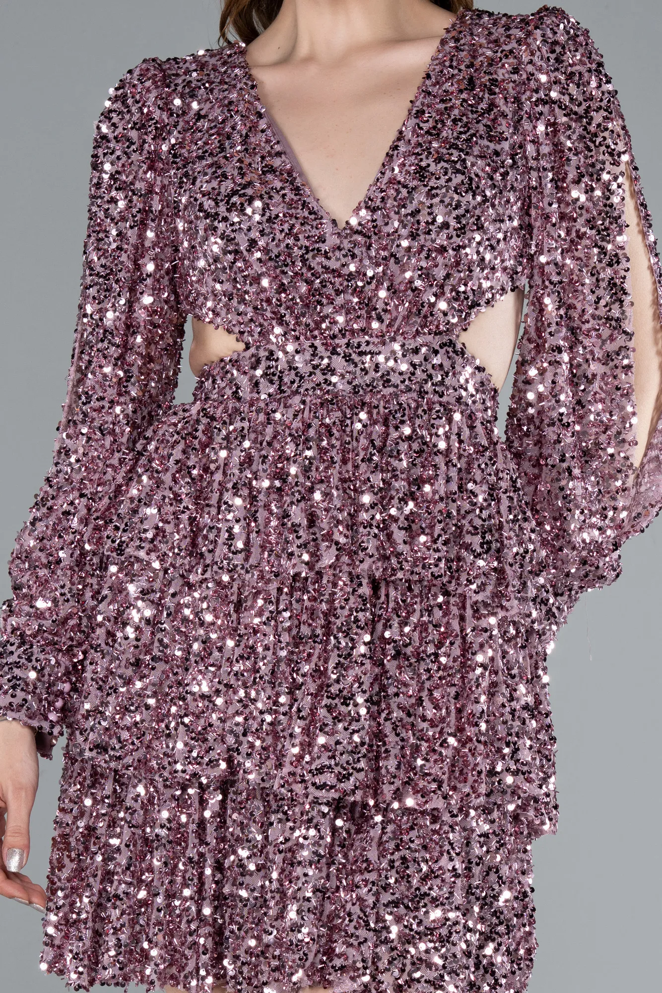 Rose Colored-Long Sleeve V Neck Sequined Short Evening Dress ABK2282