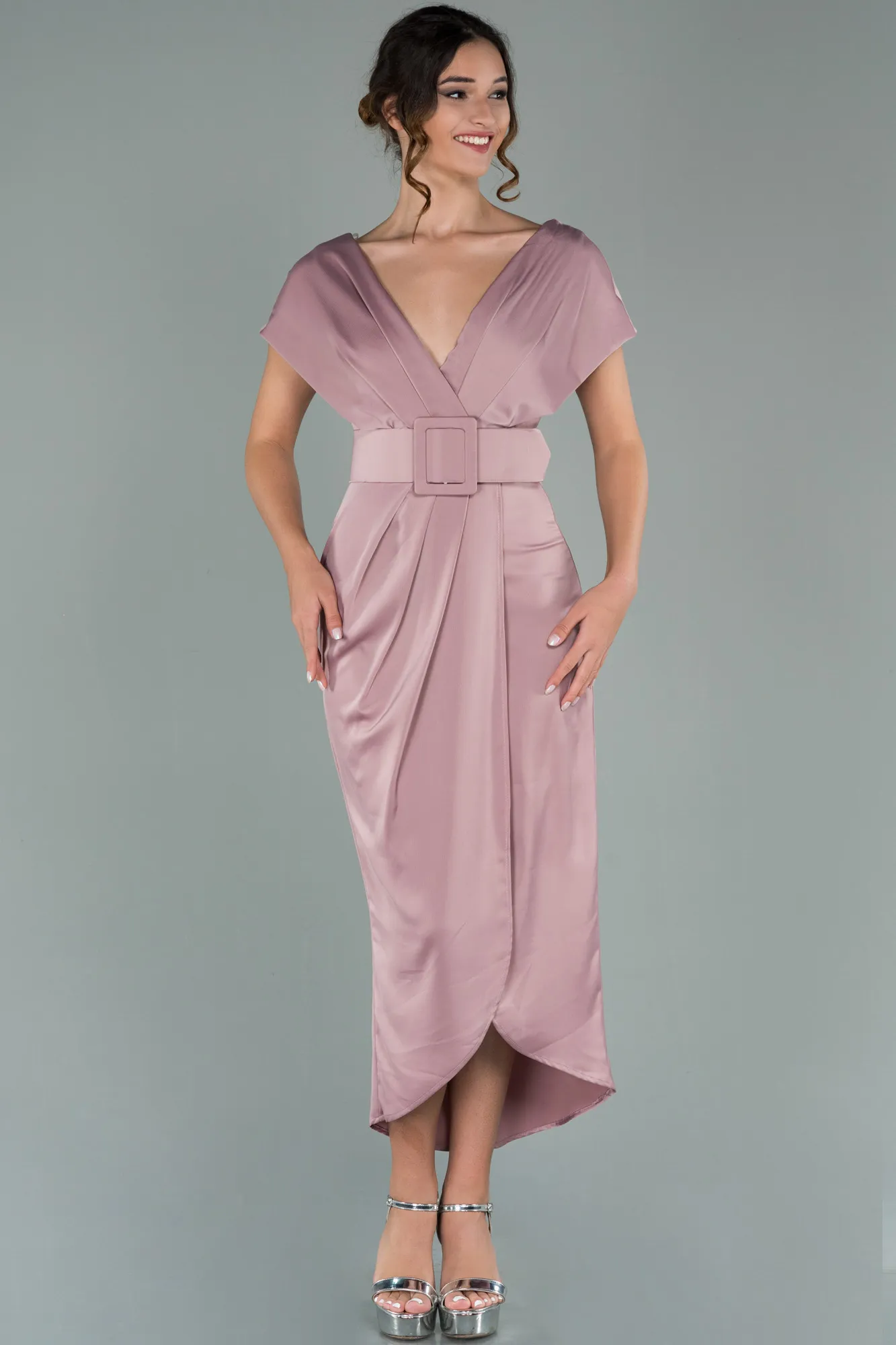 Rose Colored-Short Satin Invitation Dress ABK1107