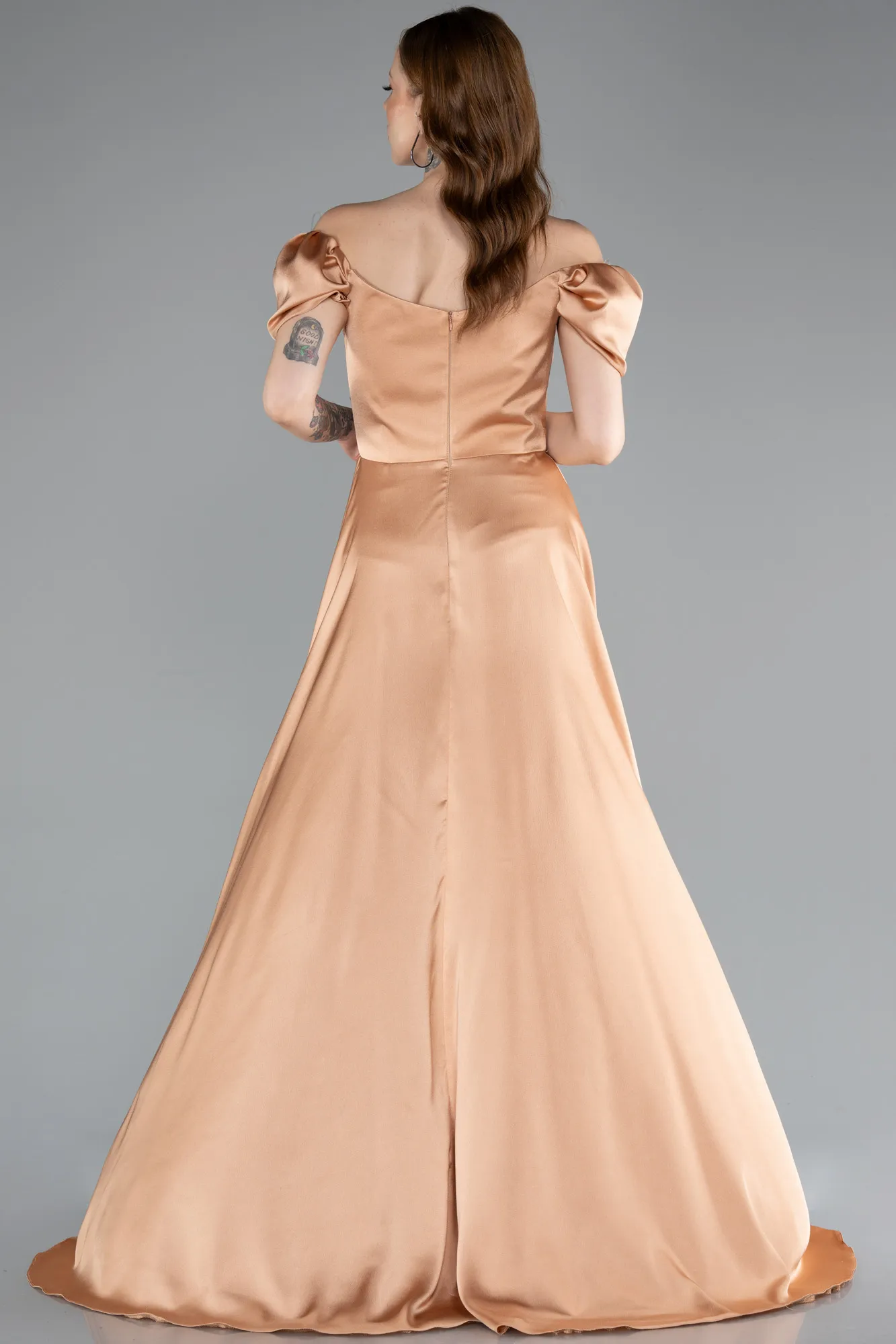 Salmon-Boat Neck Slit Long Satin Prom Gown ABU4508
