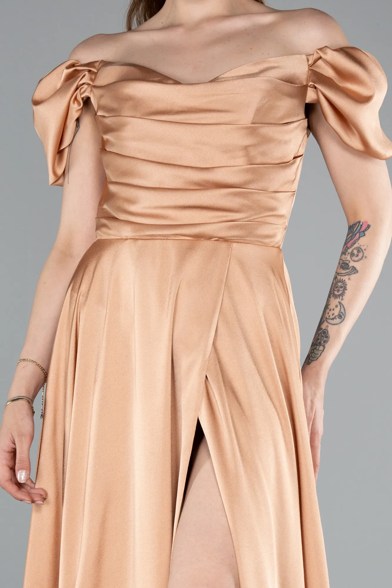 Salmon-Boat Neck Slit Long Satin Prom Gown ABU4508