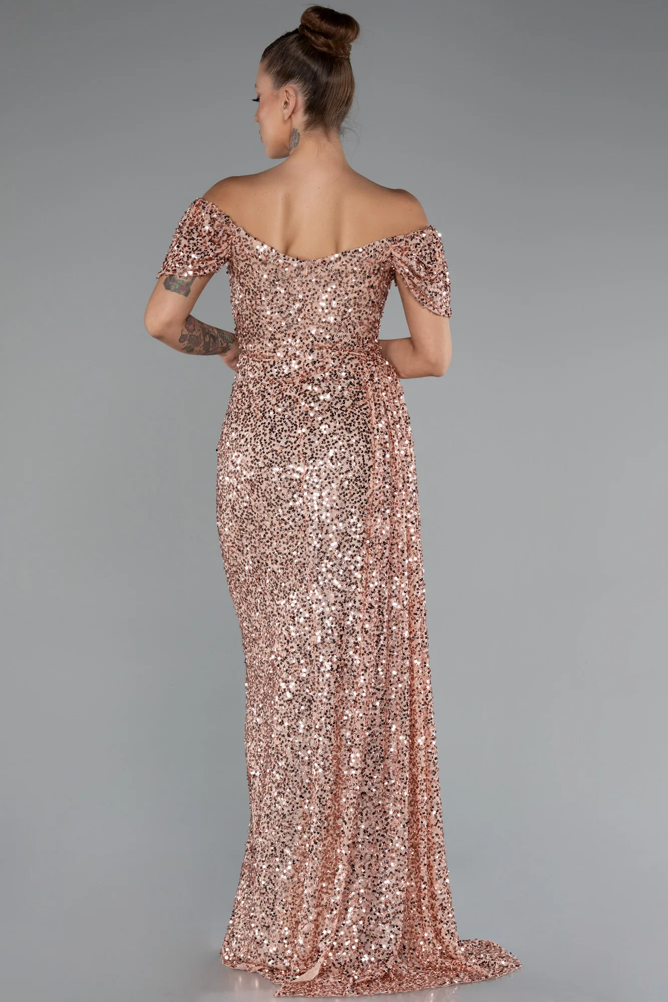 Salmon-Boat Neck Slit Long Sequin Evening Gown ABU4843