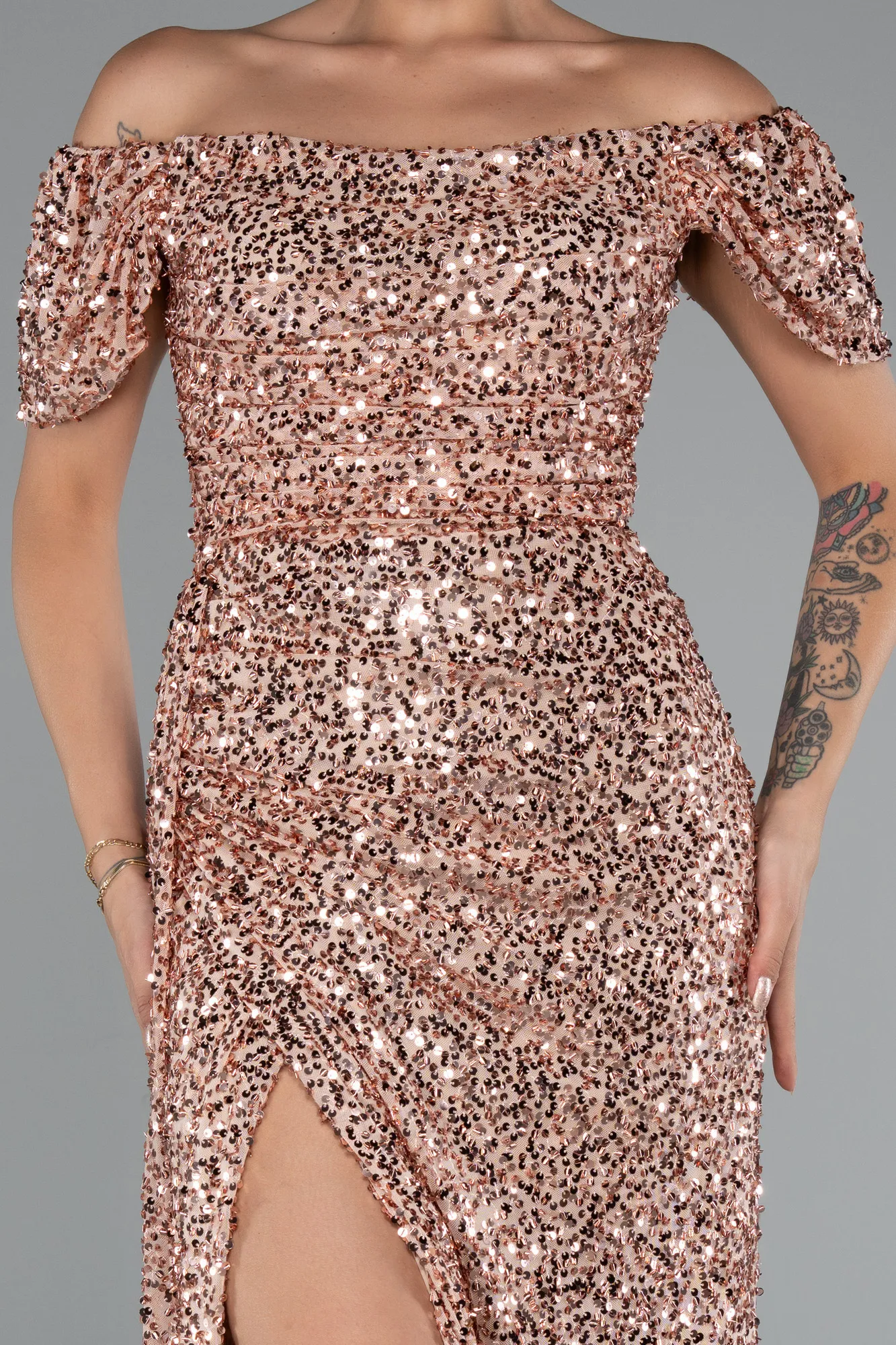 Salmon-Boat Neck Slit Long Sequin Evening Gown ABU4843