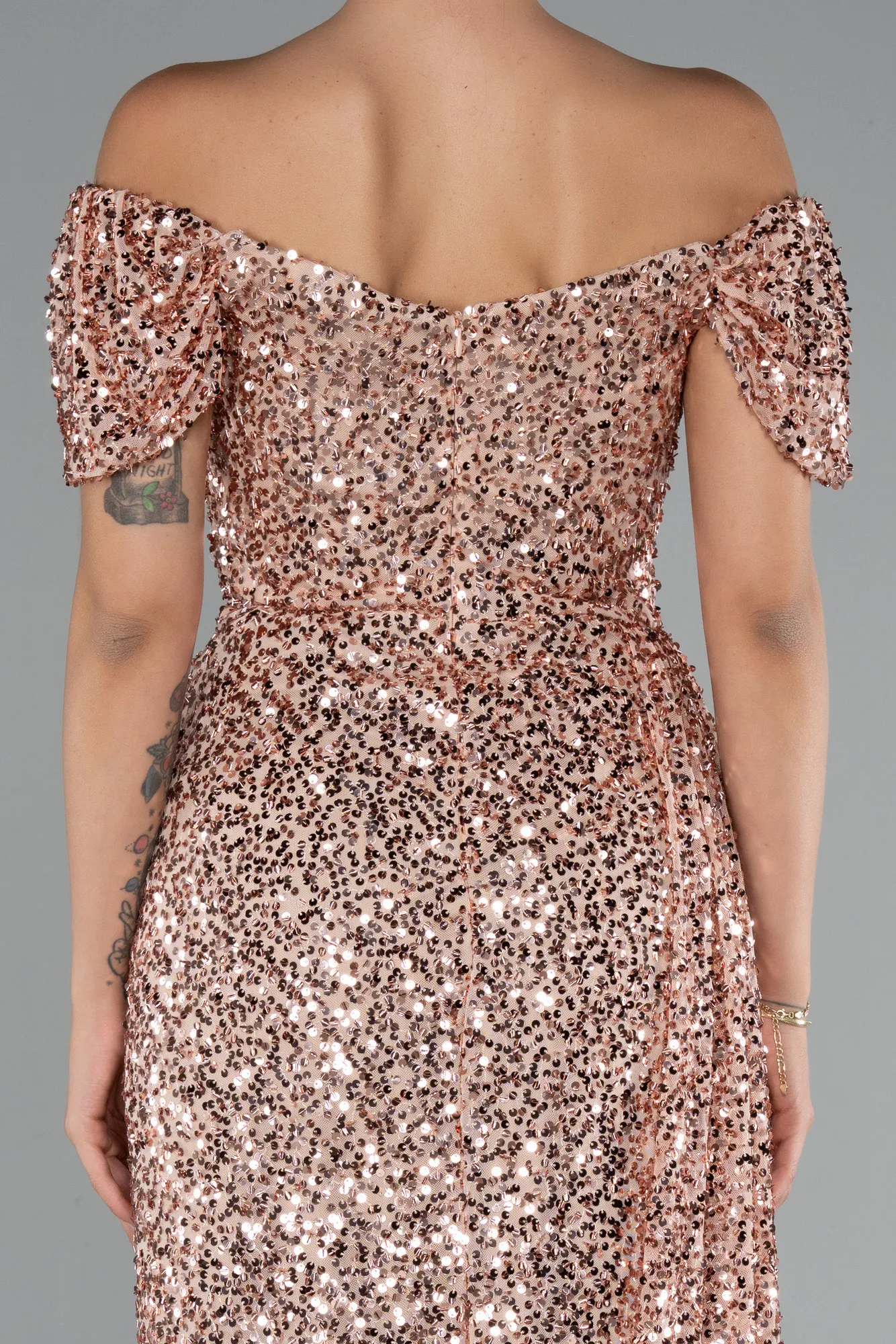 Salmon-Boat Neck Slit Long Sequin Evening Gown ABU4843