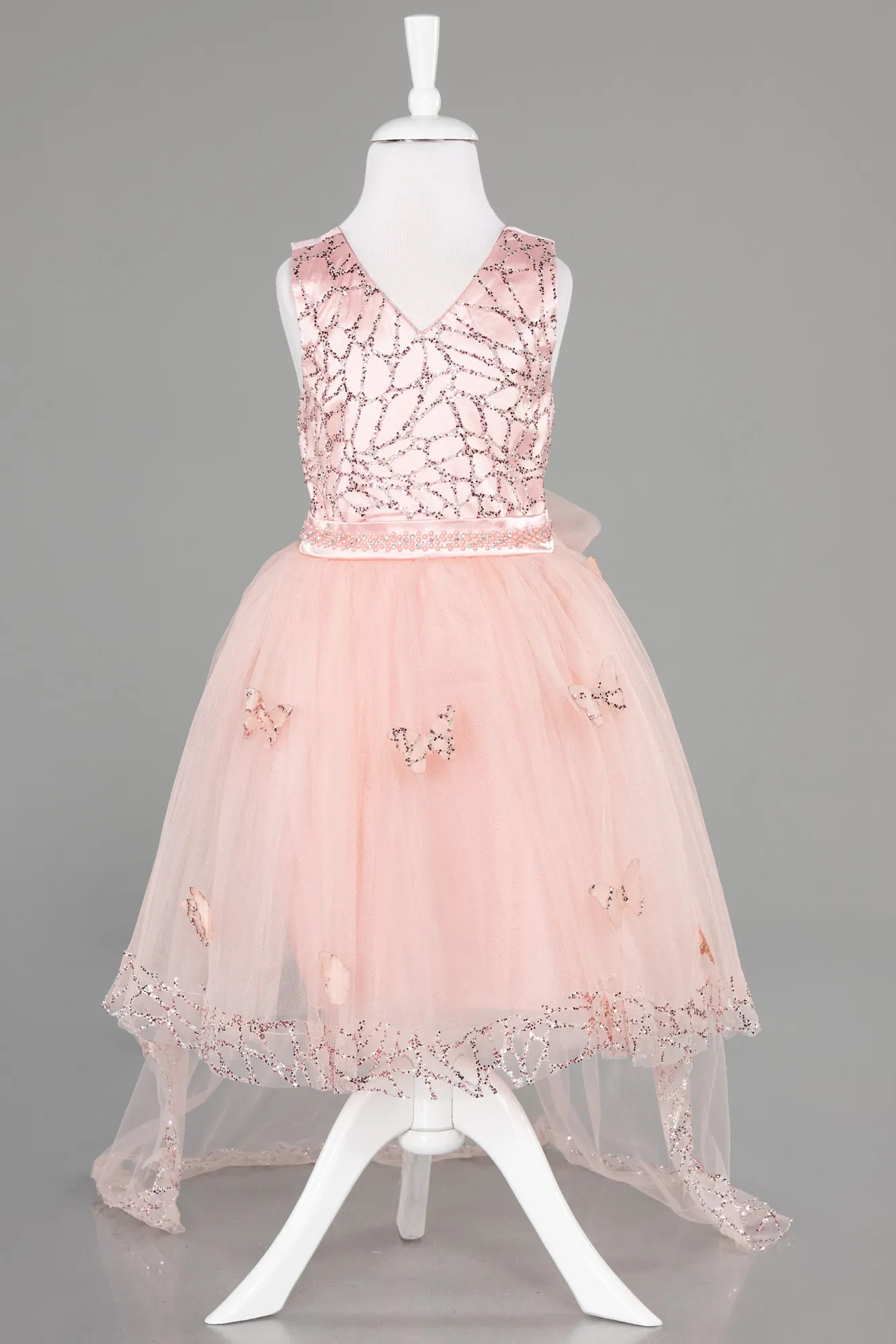 Salmon-Front Short Back Long Girl Dress ABO104