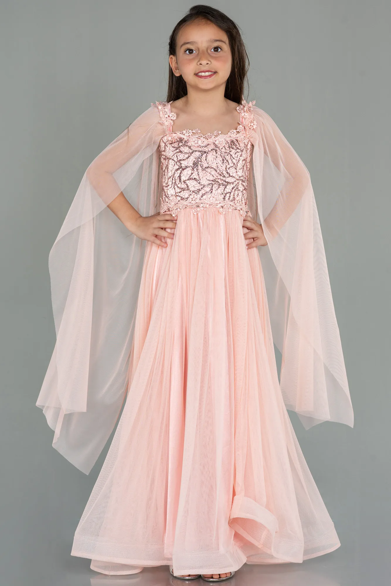 Salmon-Long Girl Dress ABU3029