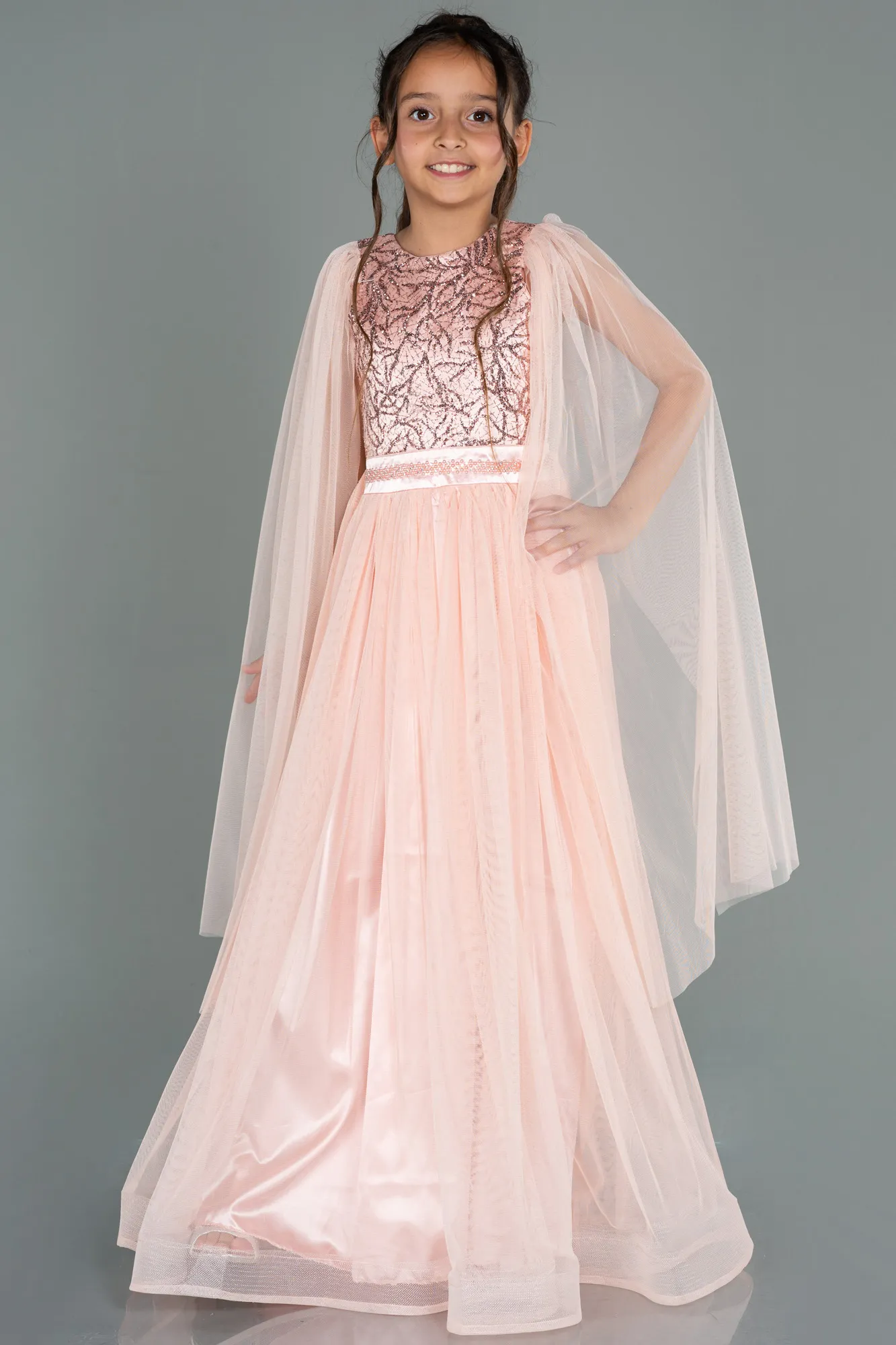 Salmon-Long Girl Dress ABU3155