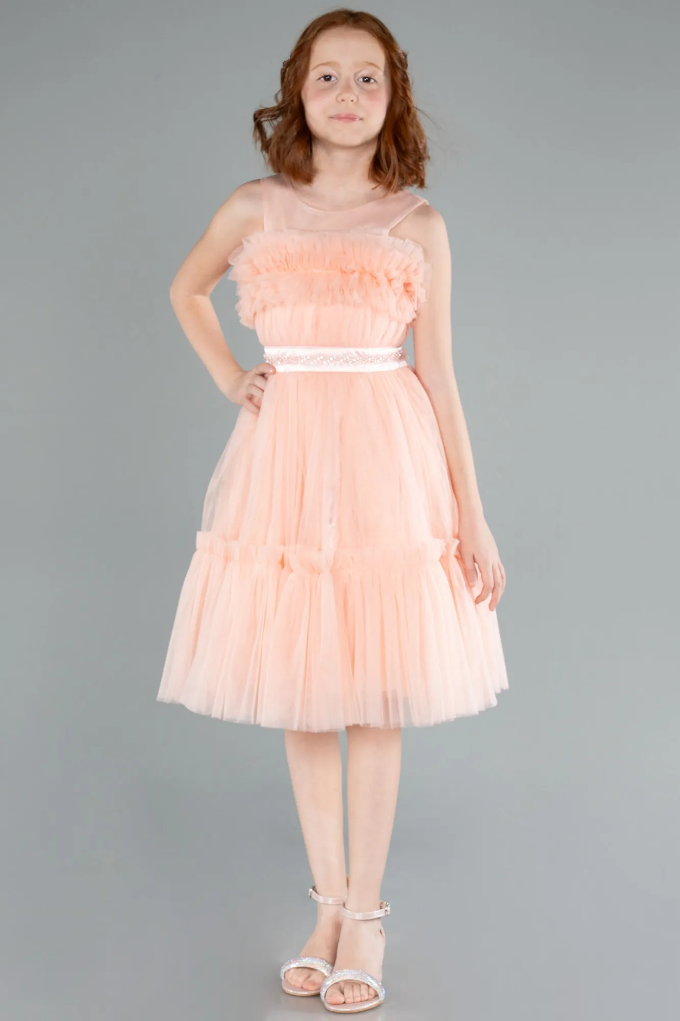 Salmon-Long Girl Dress ABU4221