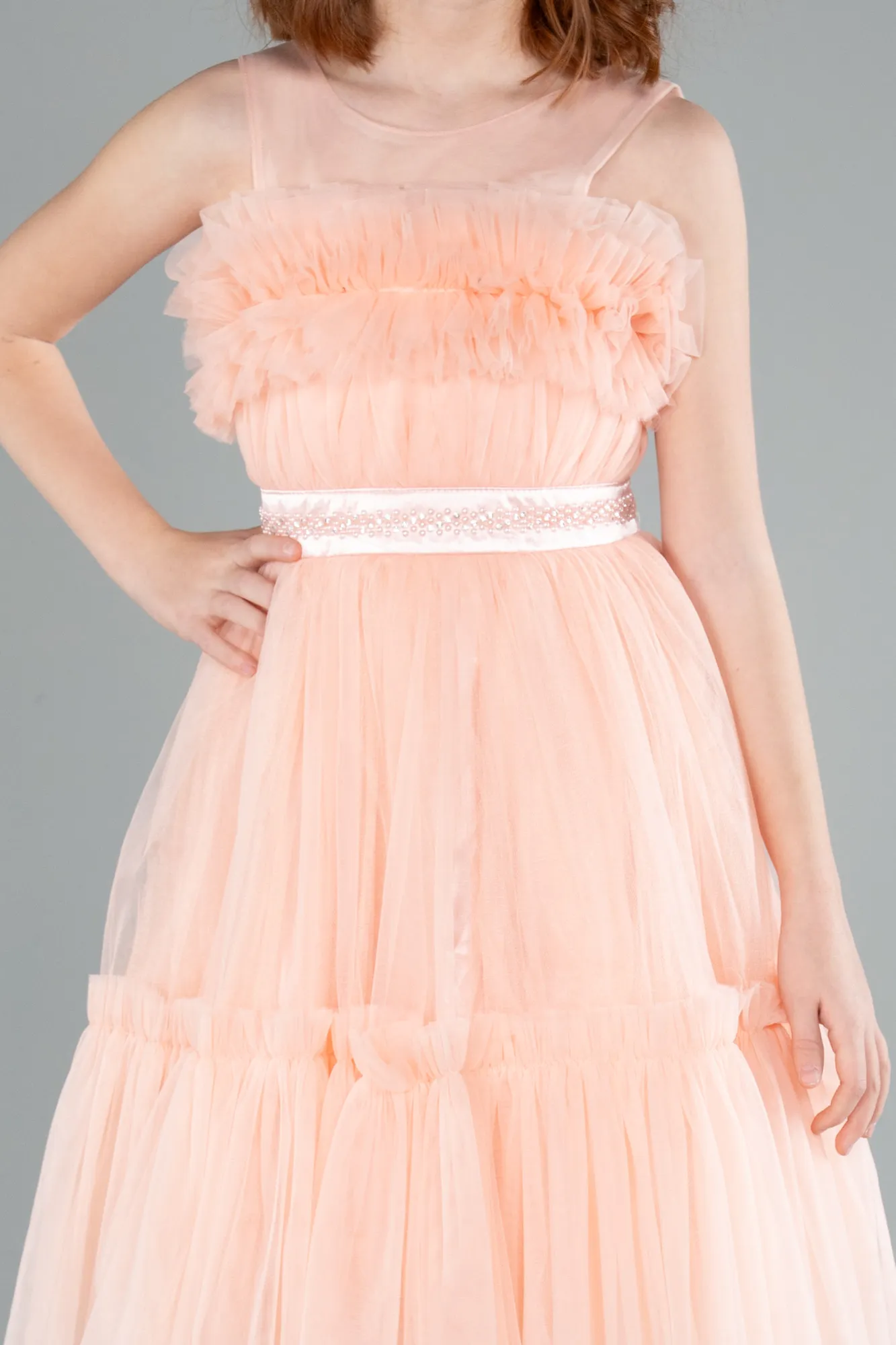 Salmon-Long Girl Dress ABU4221