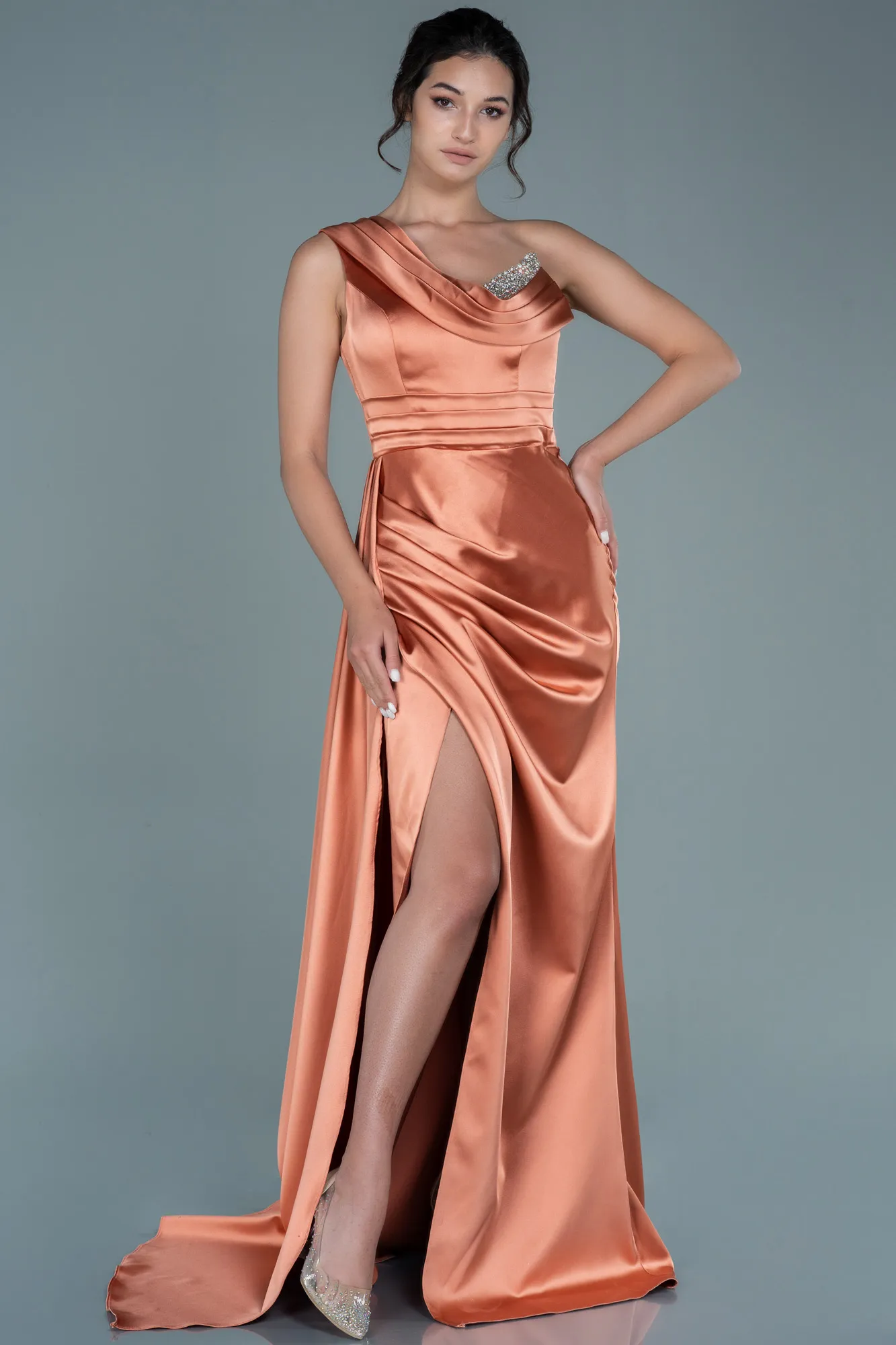Salmon-Long Satin Evening Dress ABU2114