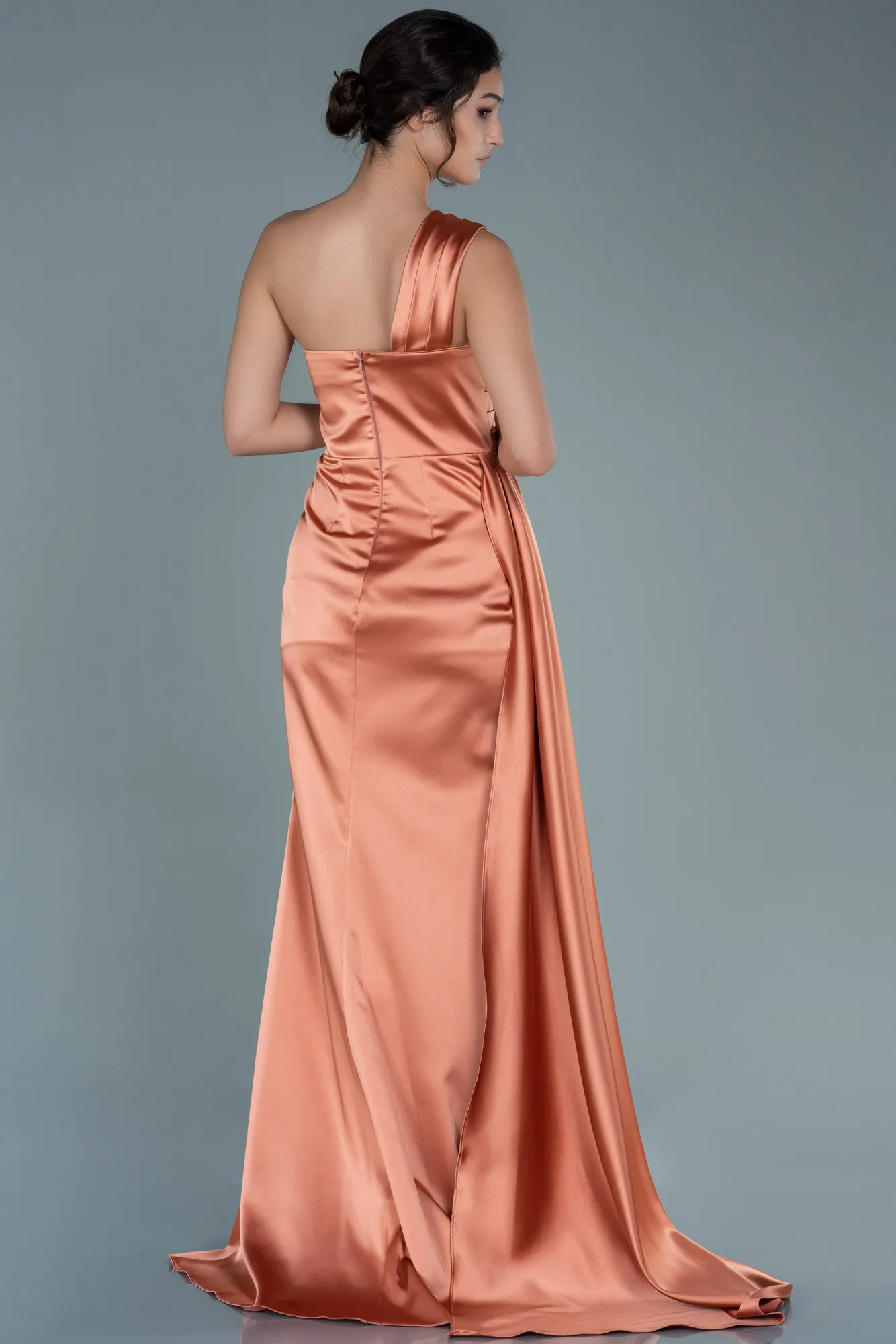 Salmon-Long Satin Evening Dress ABU2114
