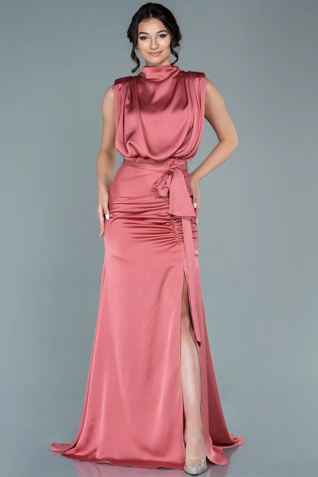 Salmon-Long Satin Evening Dress ABU2133