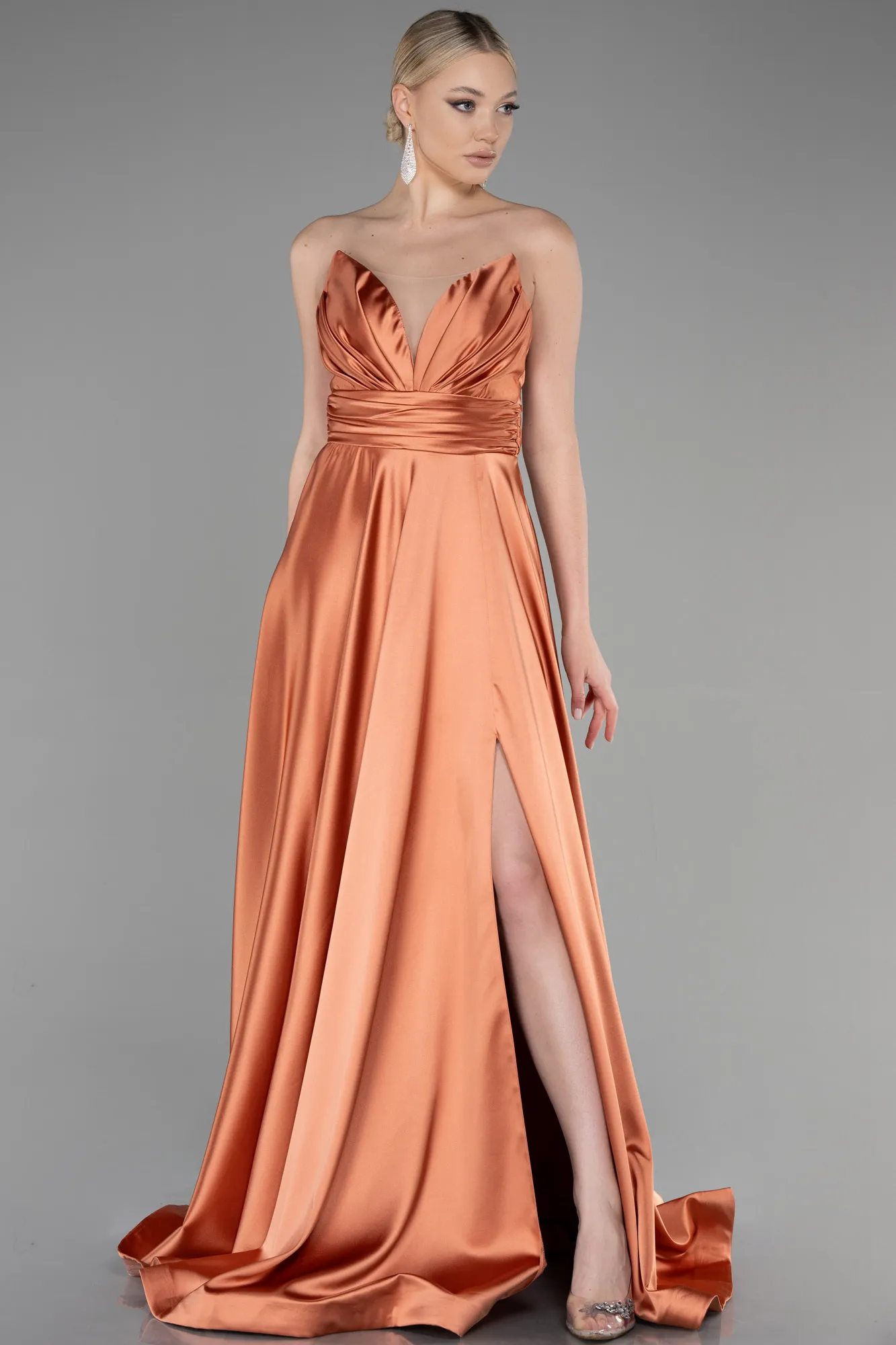 Salmon-Long Satin Evening Dress ABU3502
