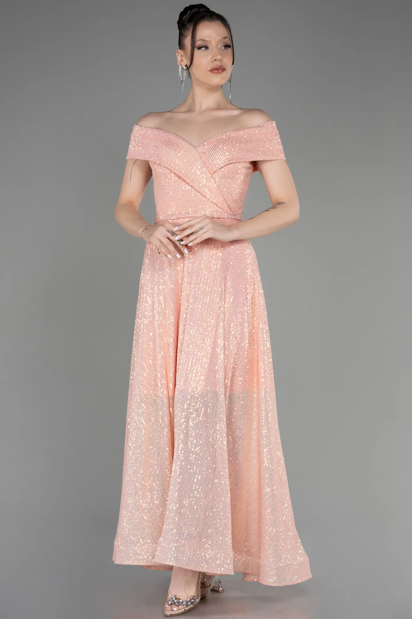 Salmon-Off The Soulder Scaly Midi Evening Dress ABK2048