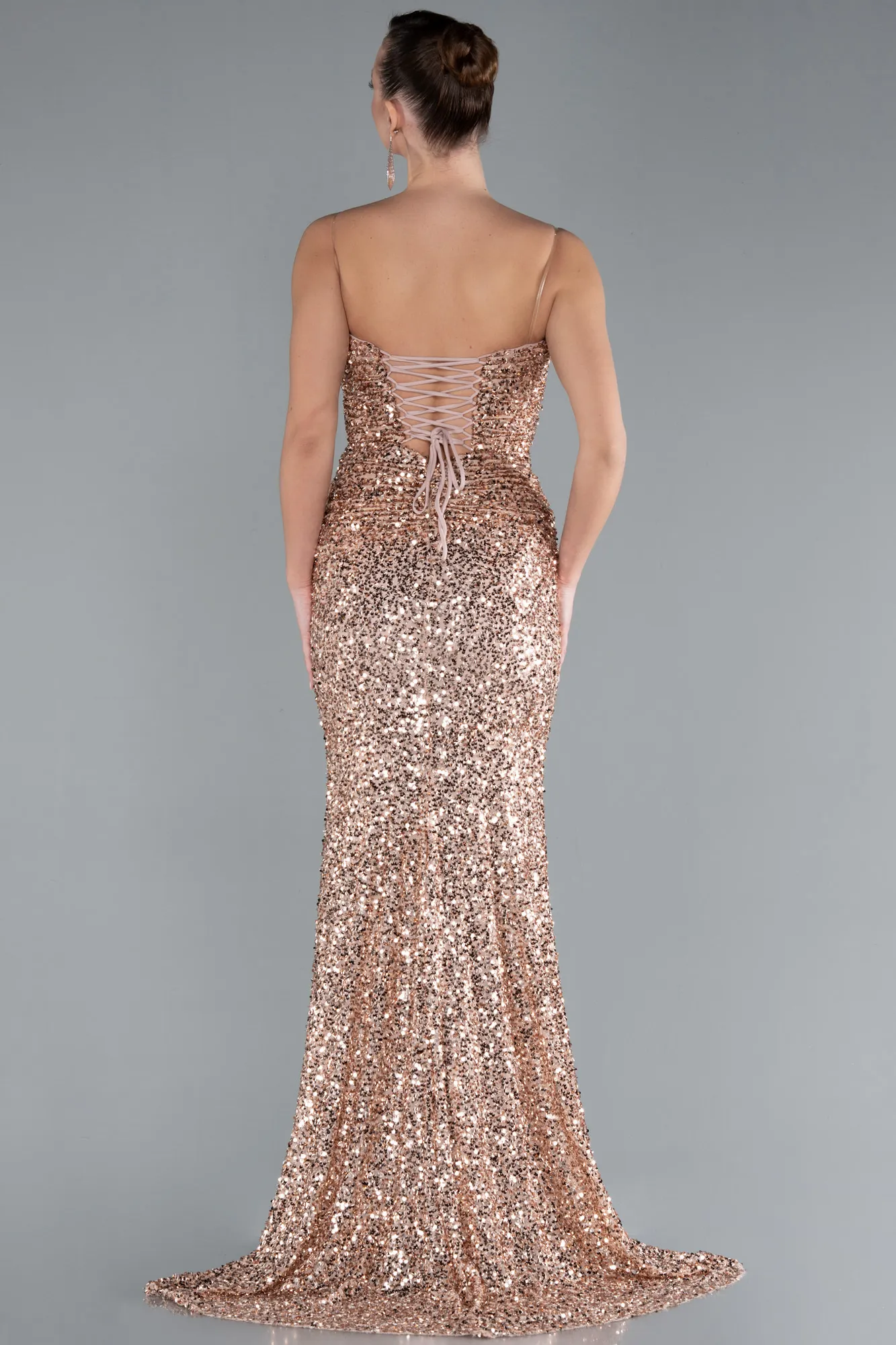 Salmon-Strapless Long Sequin Mermaid Evening Dress ABU4726