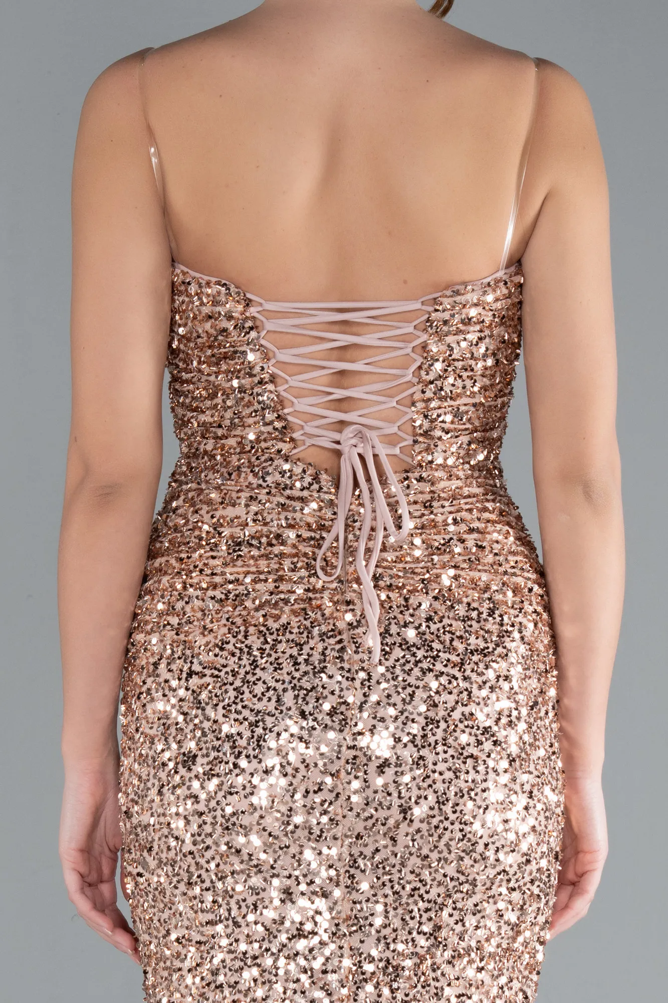 Salmon-Strapless Long Sequin Mermaid Evening Dress ABU4726