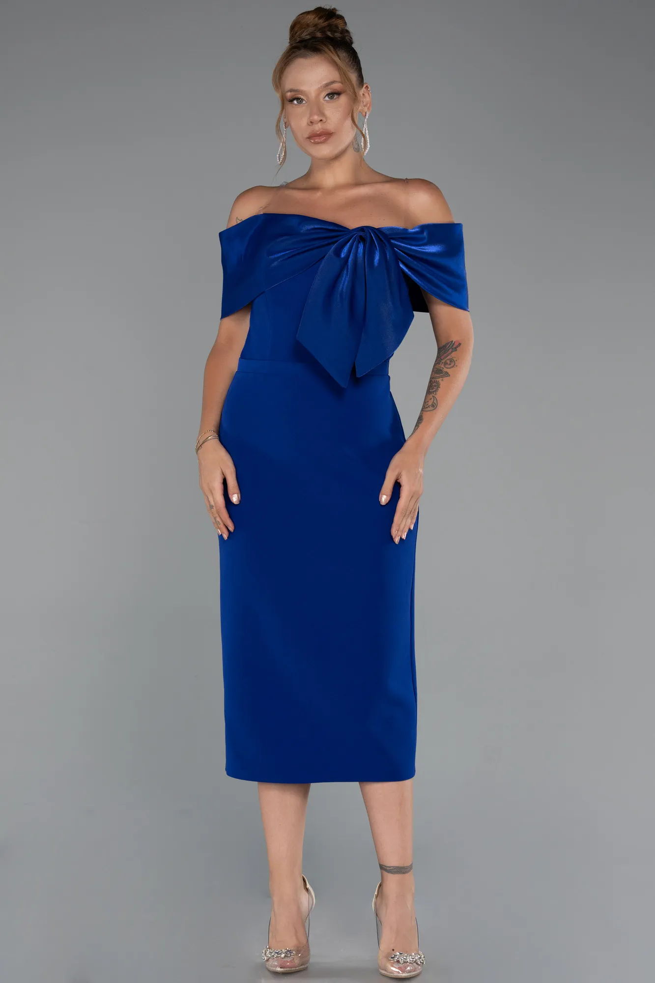 Sax Blue-Boat Neck Midi Cocktail Dress ABK2263