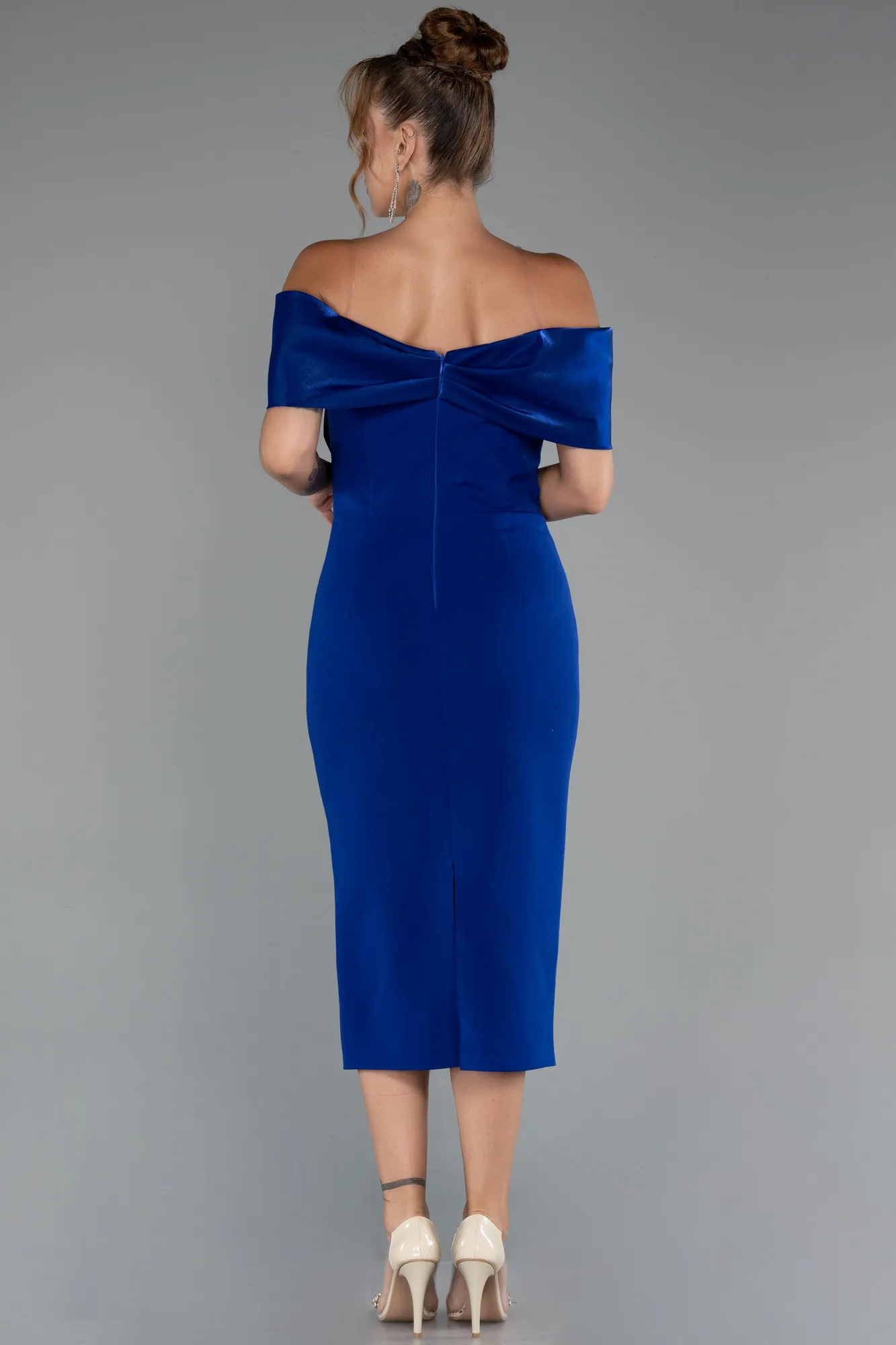 Sax Blue-Boat Neck Midi Cocktail Dress ABK2263