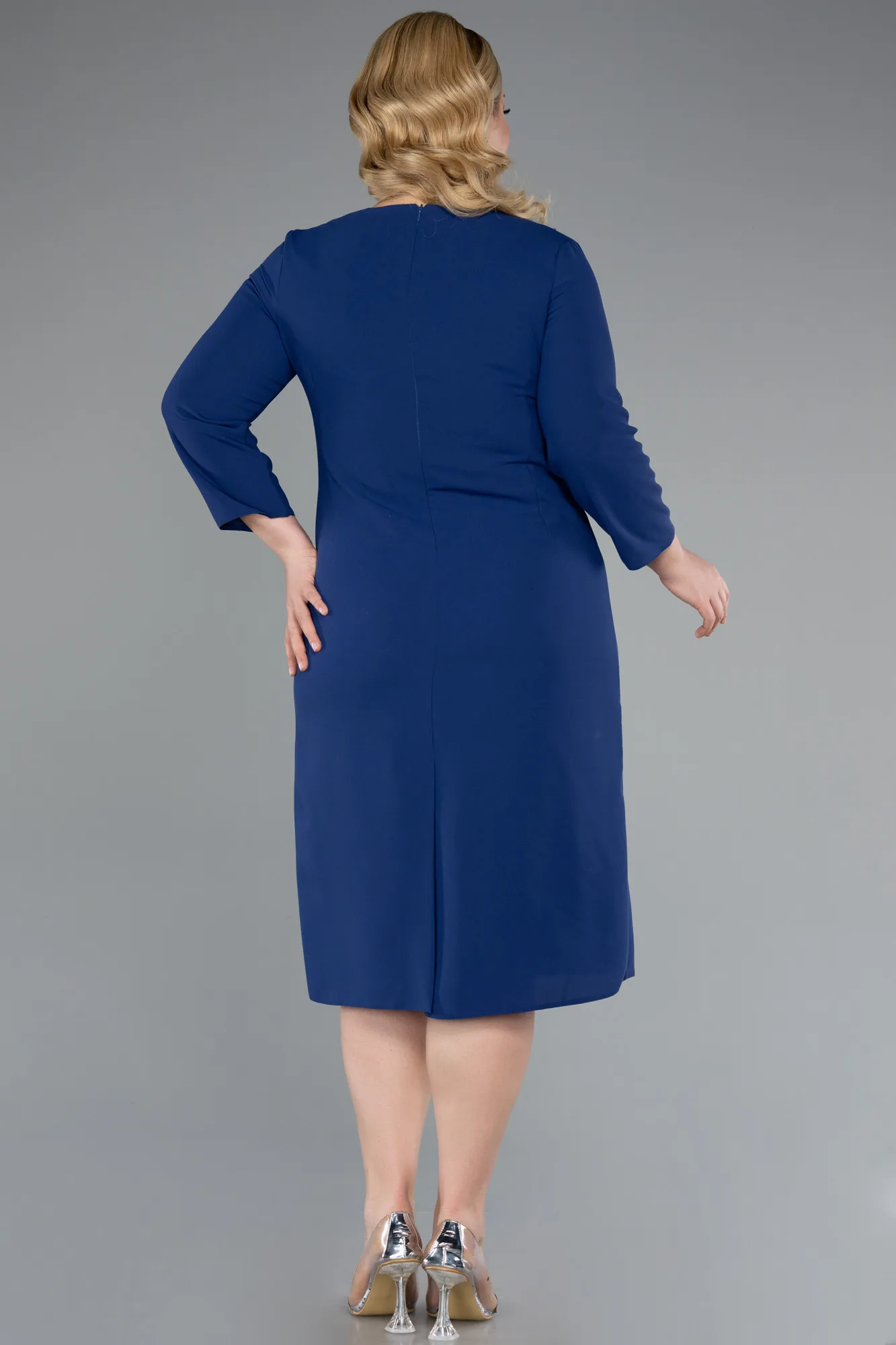 Sax Blue-Capri Sleeve Midi Plus Size Invitation Dress ABK2197