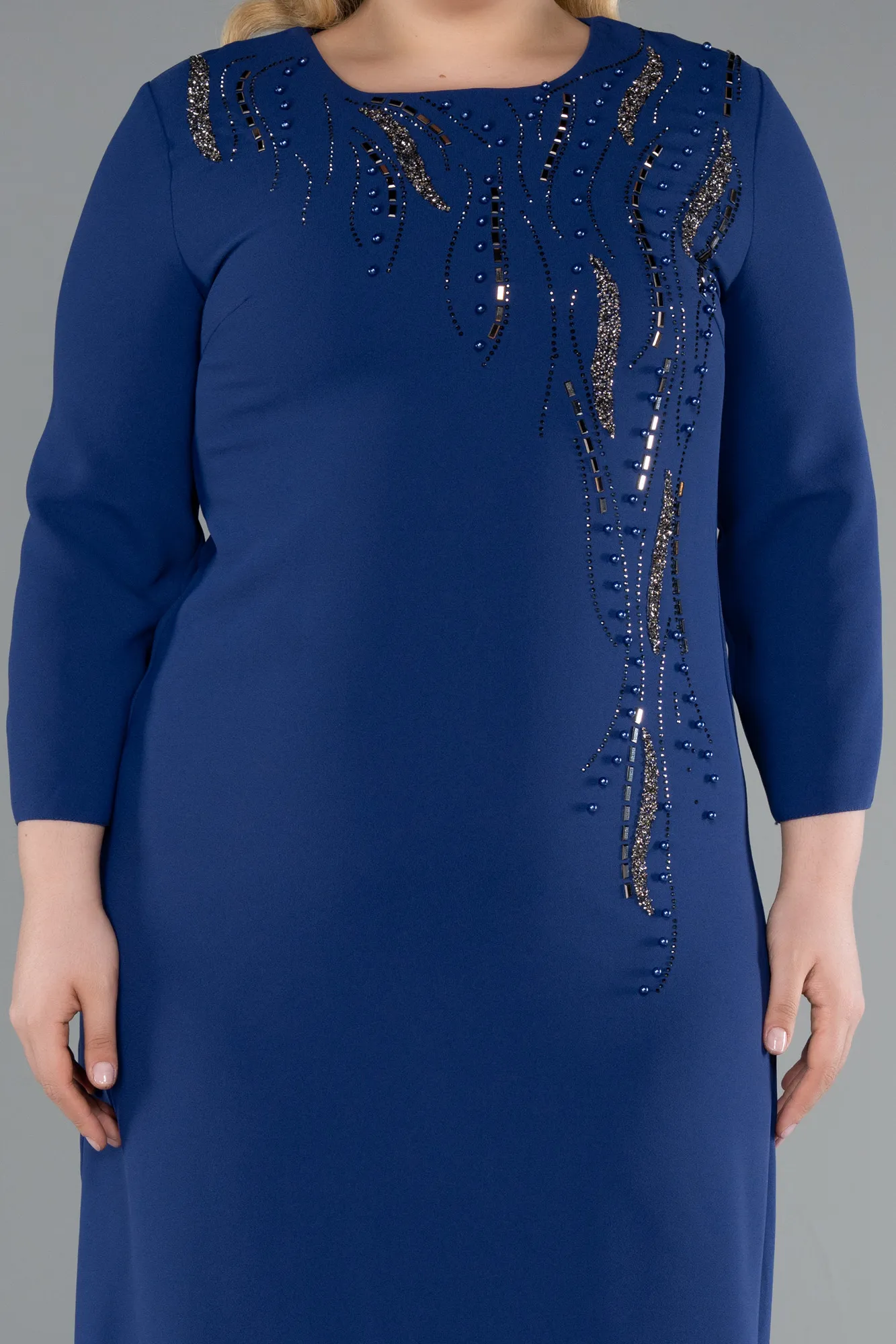 Sax Blue-Capri Sleeve Midi Plus Size Invitation Dress ABK2197