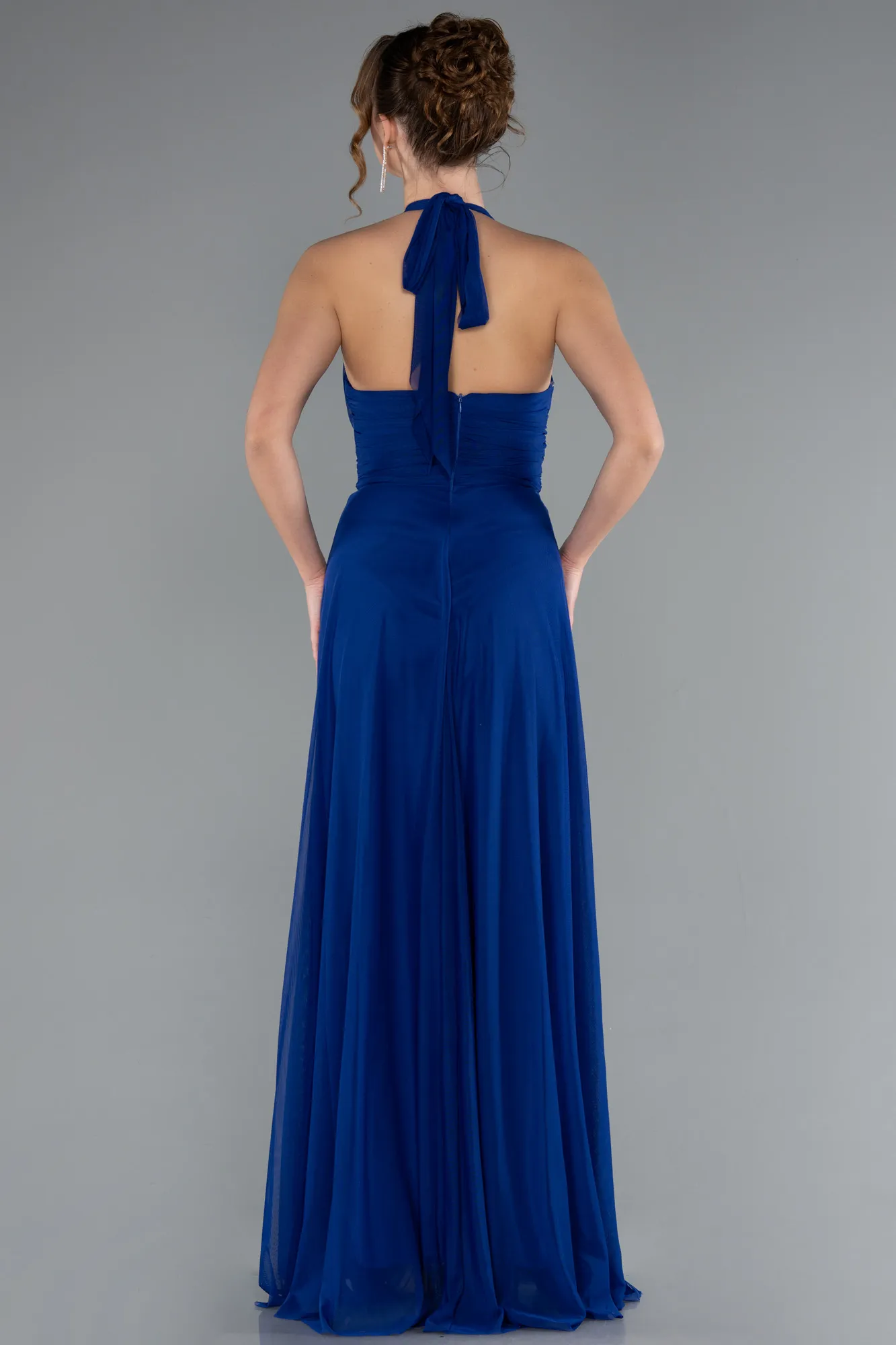 Sax Blue-Halter Neck Long Chiffon Evening Dress ABU4188