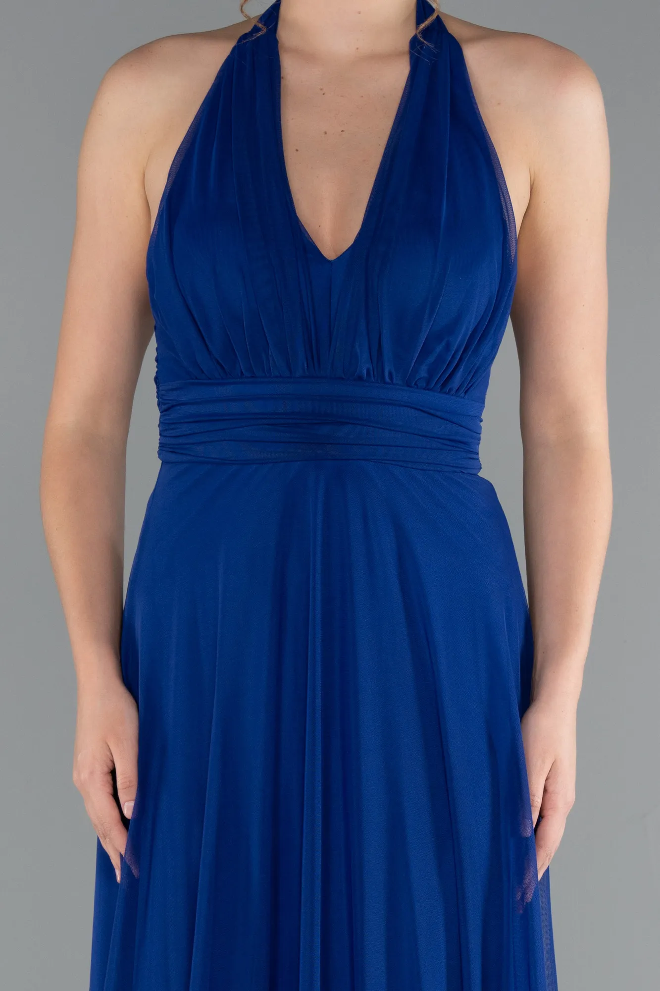 Sax Blue-Halter Neck Long Chiffon Evening Dress ABU4188