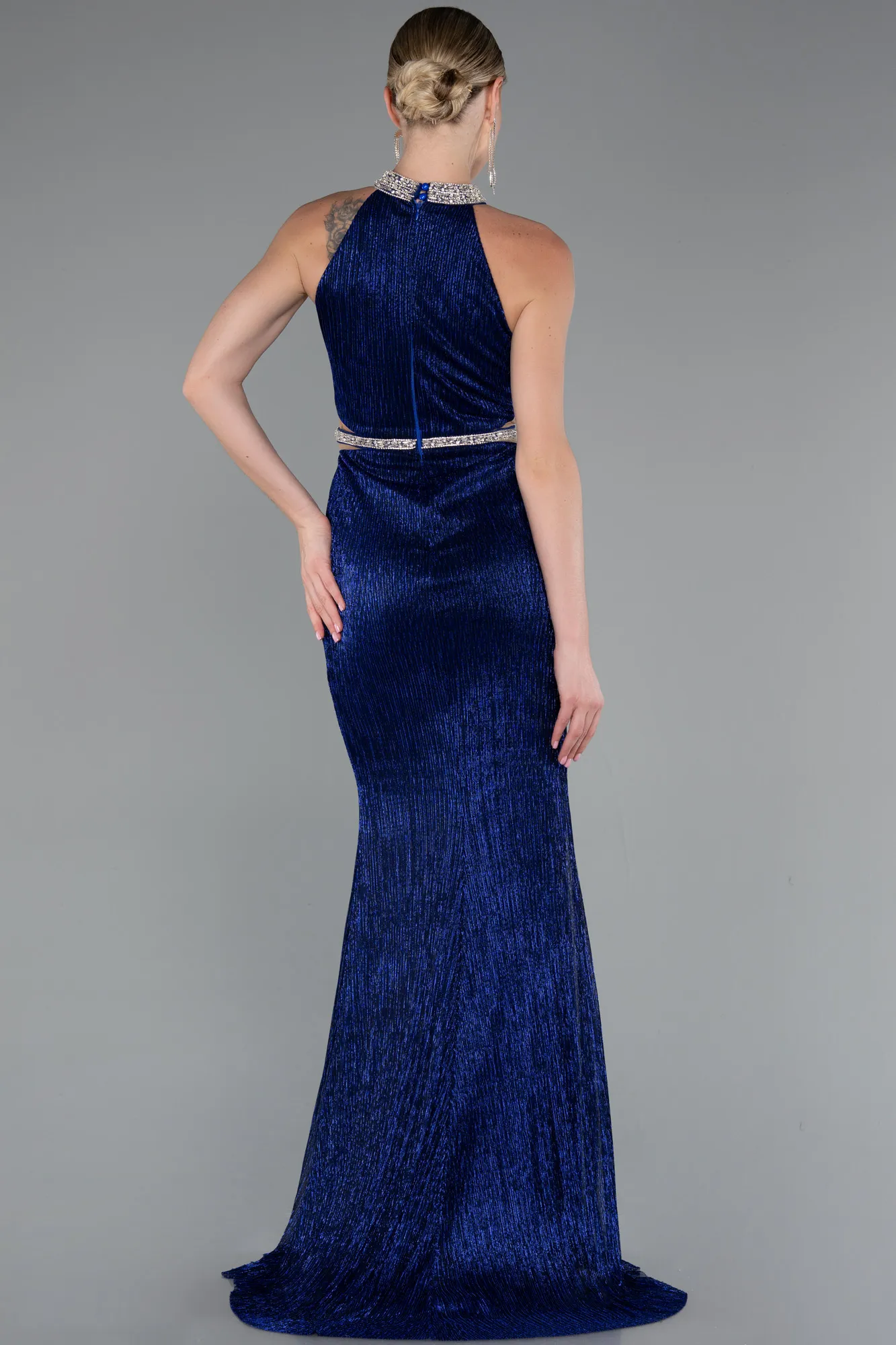 Sax Blue-Halter Neck Slit Long Evening Gown ABU4324
