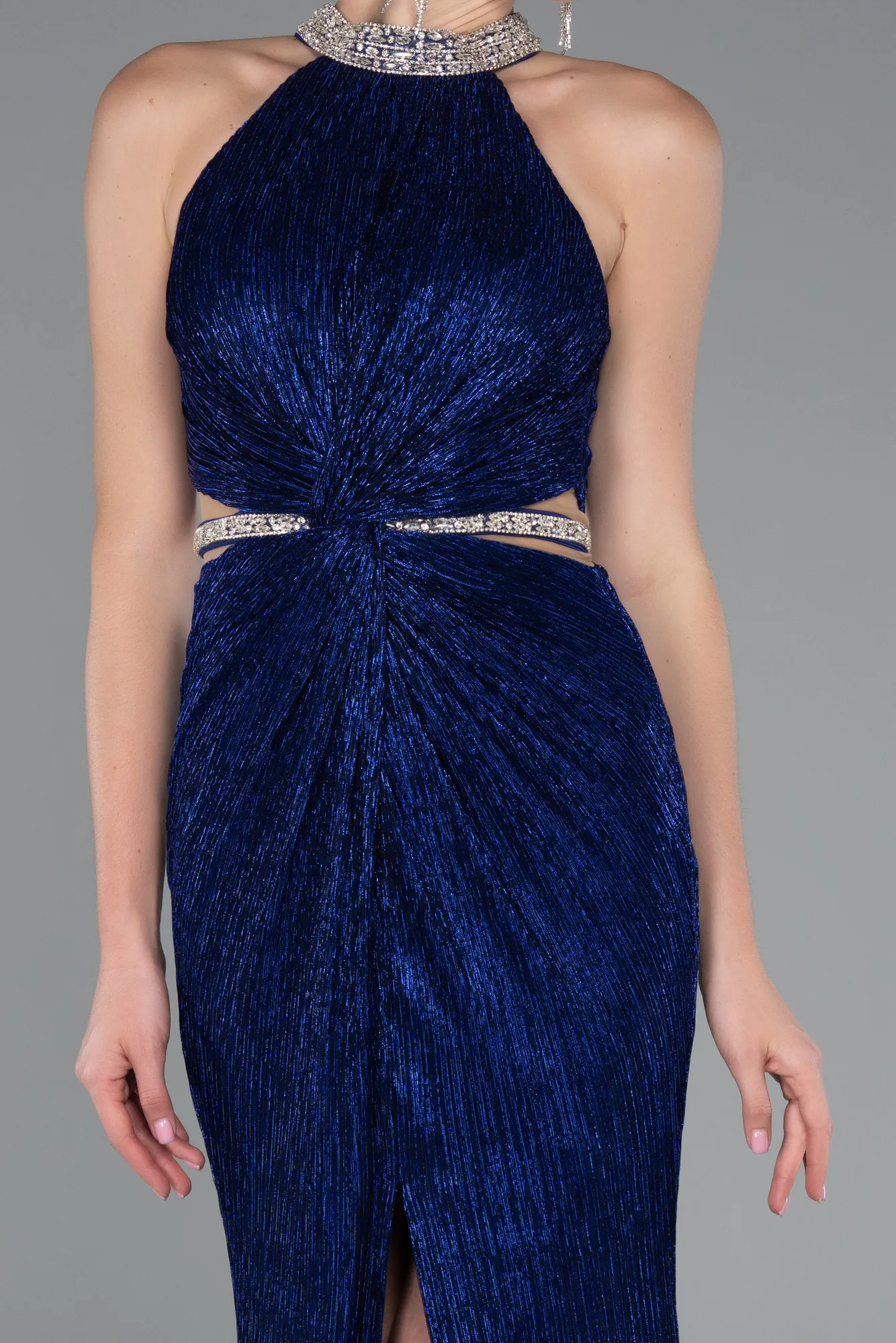 Sax Blue-Halter Neck Slit Long Evening Gown ABU4324